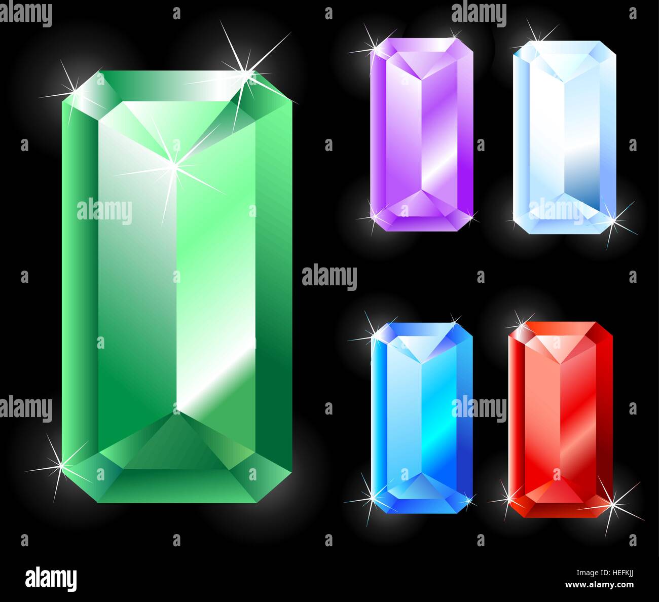 Le gemme di forma rettangolare allungata, taglio: Emerald, Rubino, Ametista, Zaffiro. Illustrazione Vettoriale