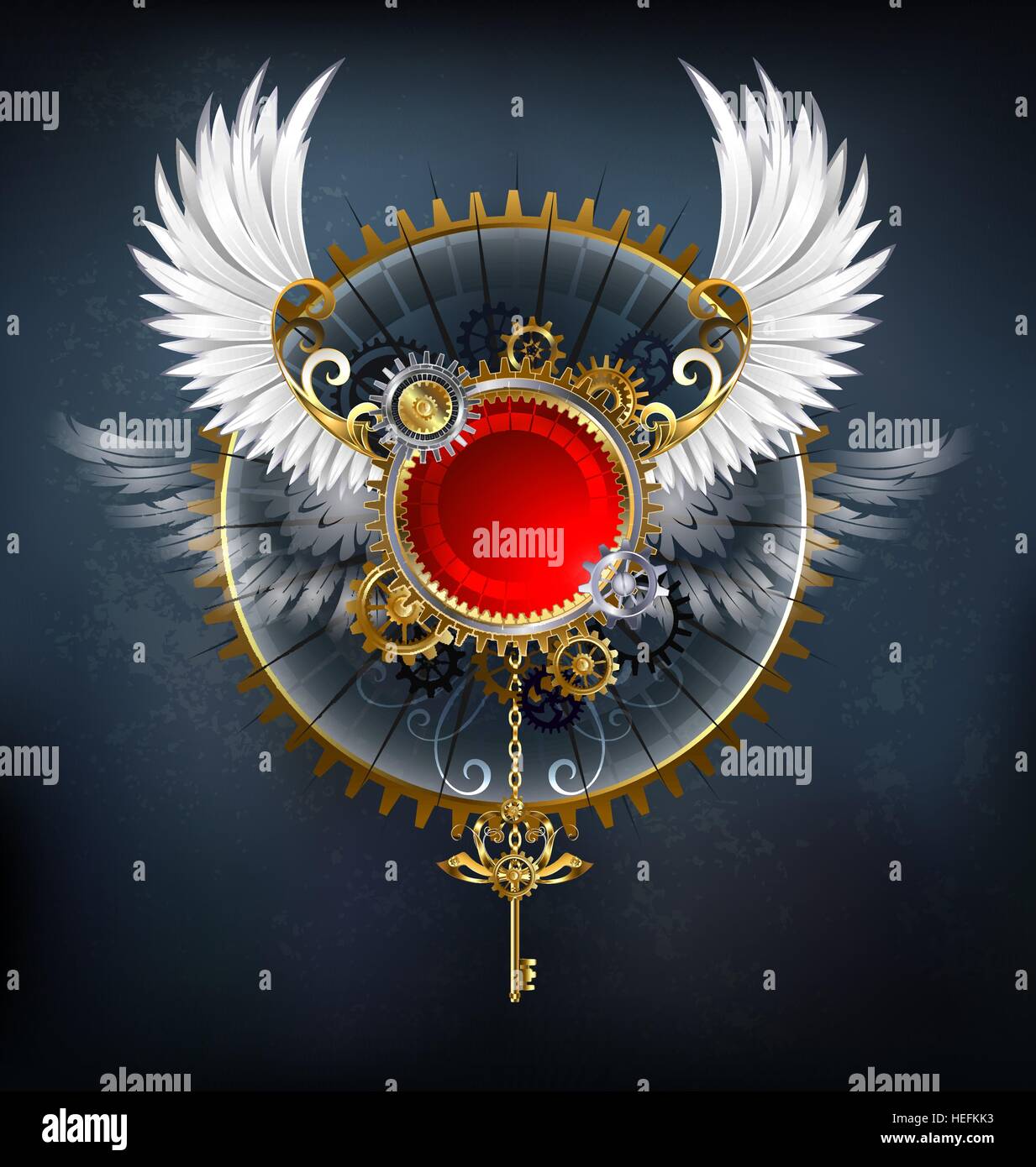 Rotondo rosso banner con ali bianche e una chiave d'oro su sfondo scuro. Illustrazione Vettoriale