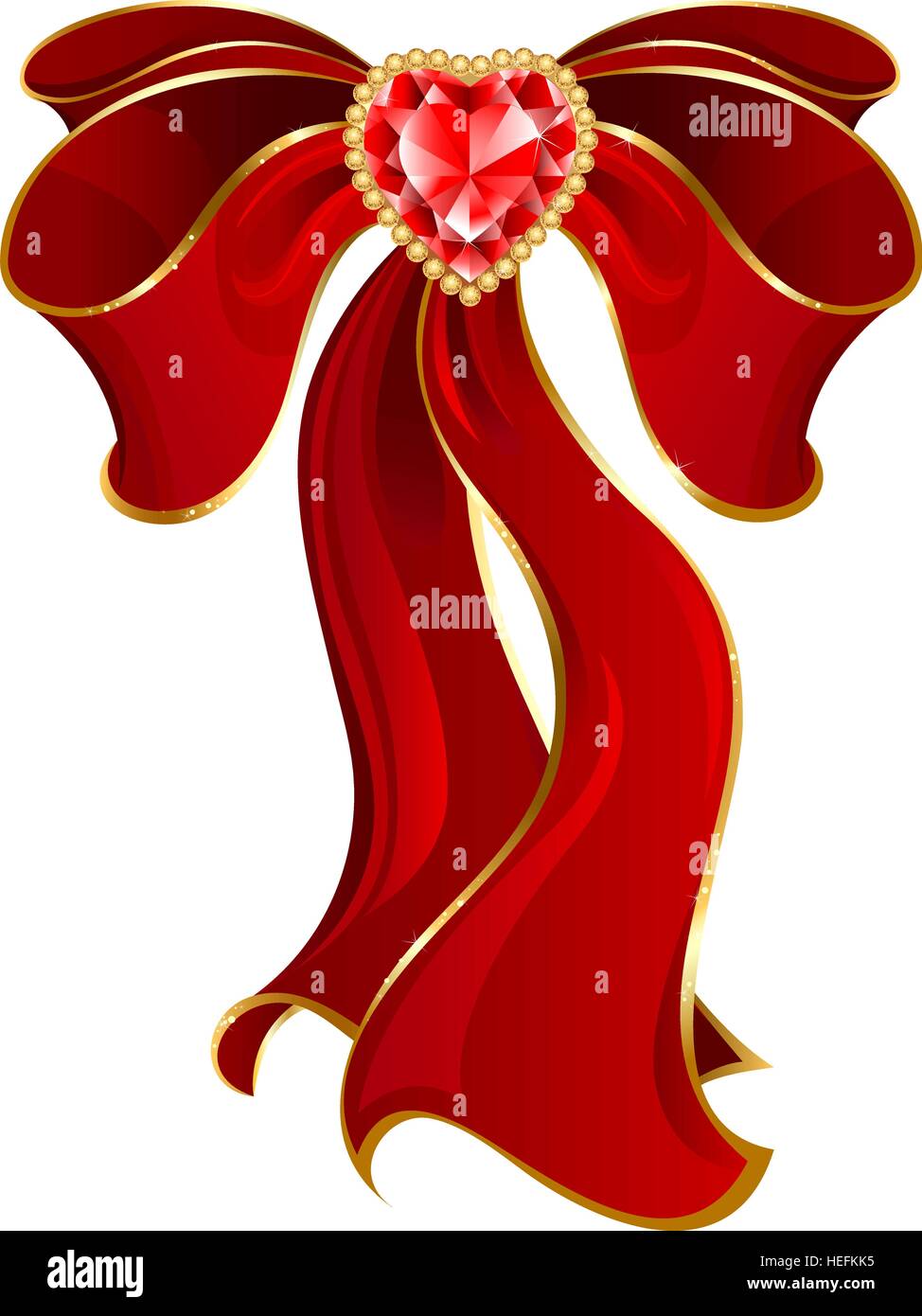 Lussuoso prua stilizzata di seta rossa, decorata con a forma di cuore rosso rubino e perle in oro. Illustrazione Vettoriale