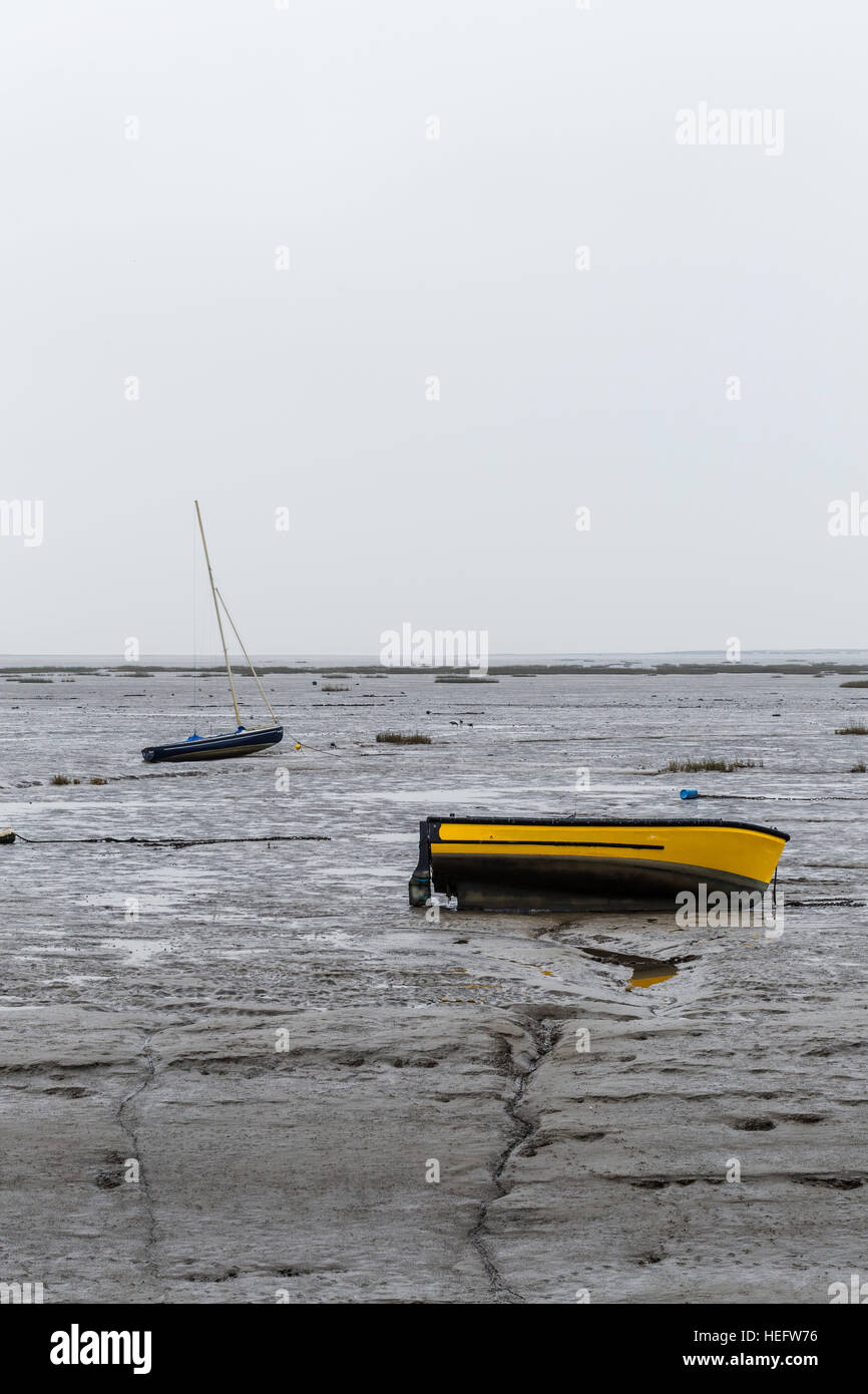 Barche a terra sulle velme presso Old Leigh durante la bassa marea Foto Stock