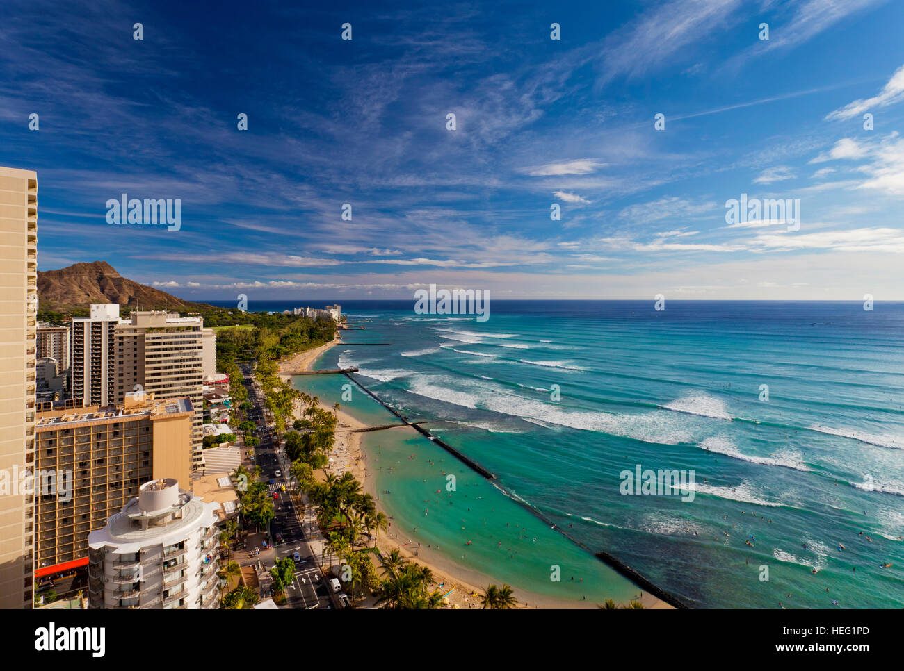 La spiaggia di Waikiki, Hawaii, Oahu, STATI UNITI D'AMERICA Foto Stock