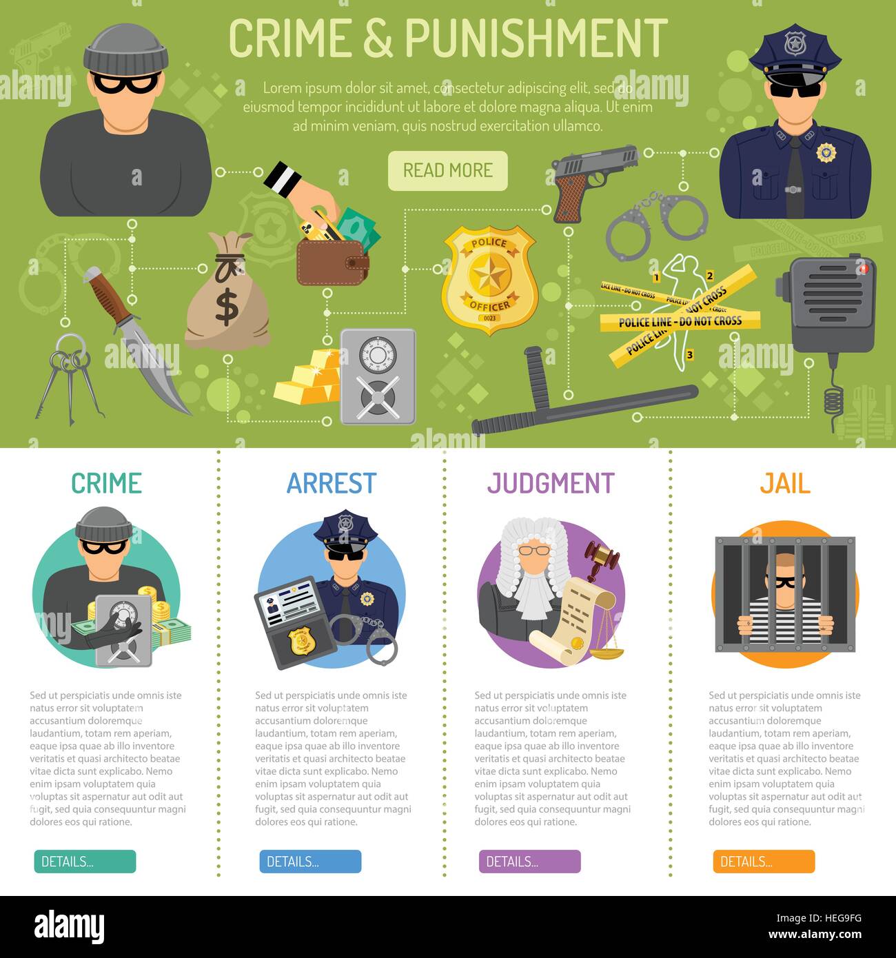 Delitto e castigo infographics Illustrazione Vettoriale
