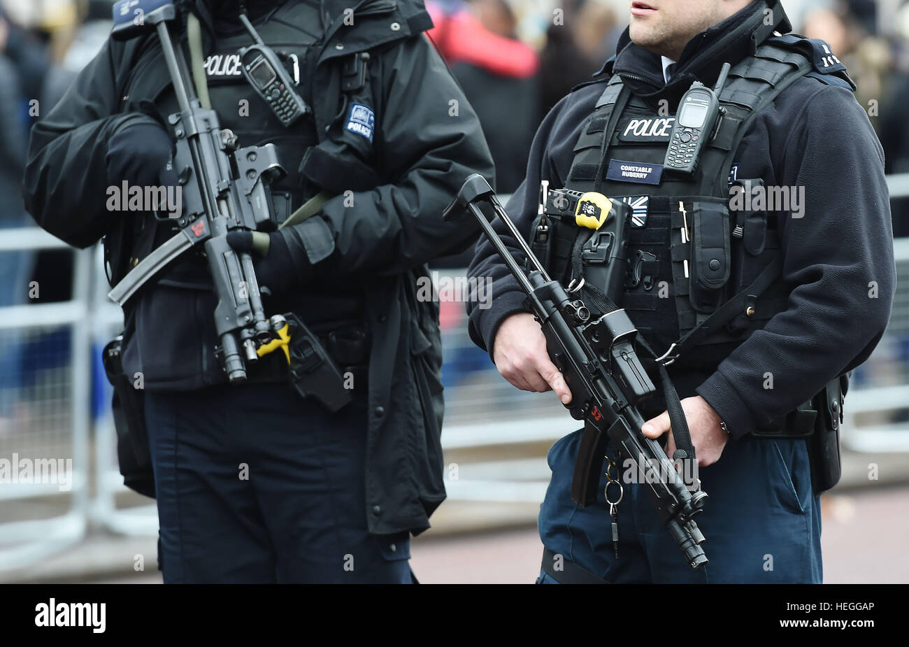 Polizia armata fuori Buckingham Palace a Londra durante il cambio della guardia, in quanto la polizia intensificato le misure di protezione seguenti il terrore di Berlino attacco. Foto Stock