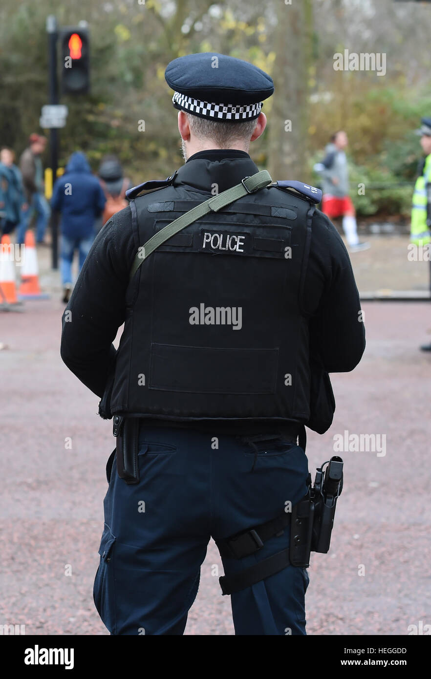 Polizia armata fuori Buckingham Palace a Londra durante il cambio della guardia, in quanto la polizia intensificato le misure di protezione seguenti il terrore di Berlino attacco. Foto Stock