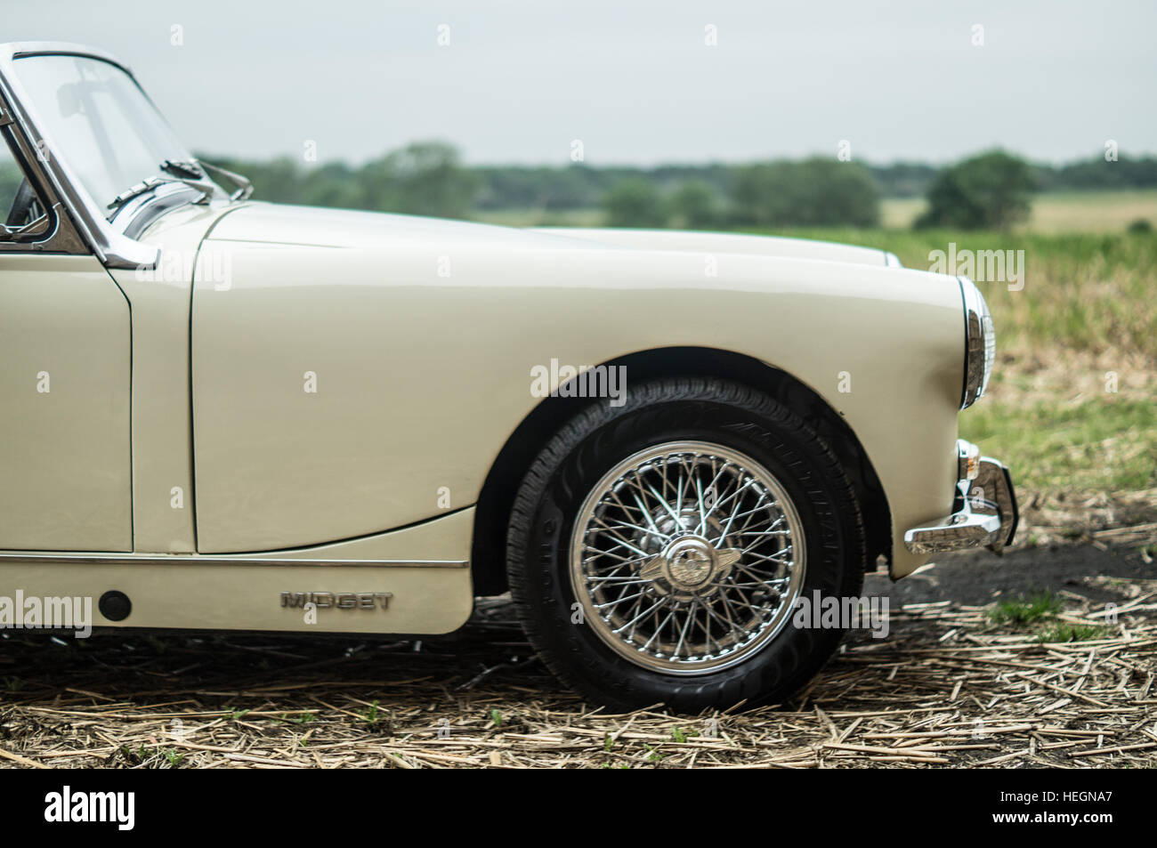 Parafango anteriore del MG Midget con il paesaggio sullo sfondo. Foto Stock
