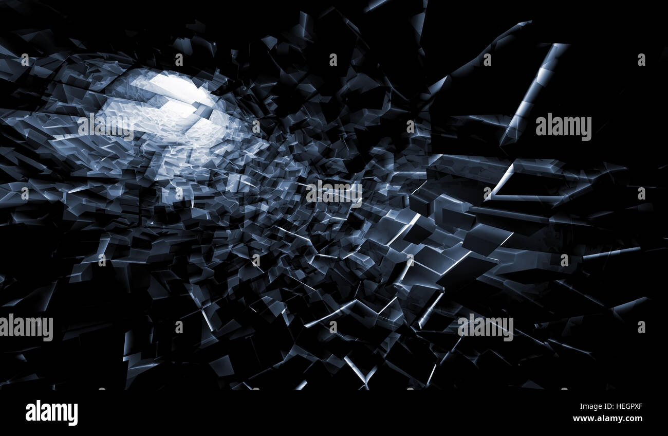 Abstract scuro dello sfondo digitale, incandescente tecnologico blocchi caotica, 3d illustrazione Foto Stock