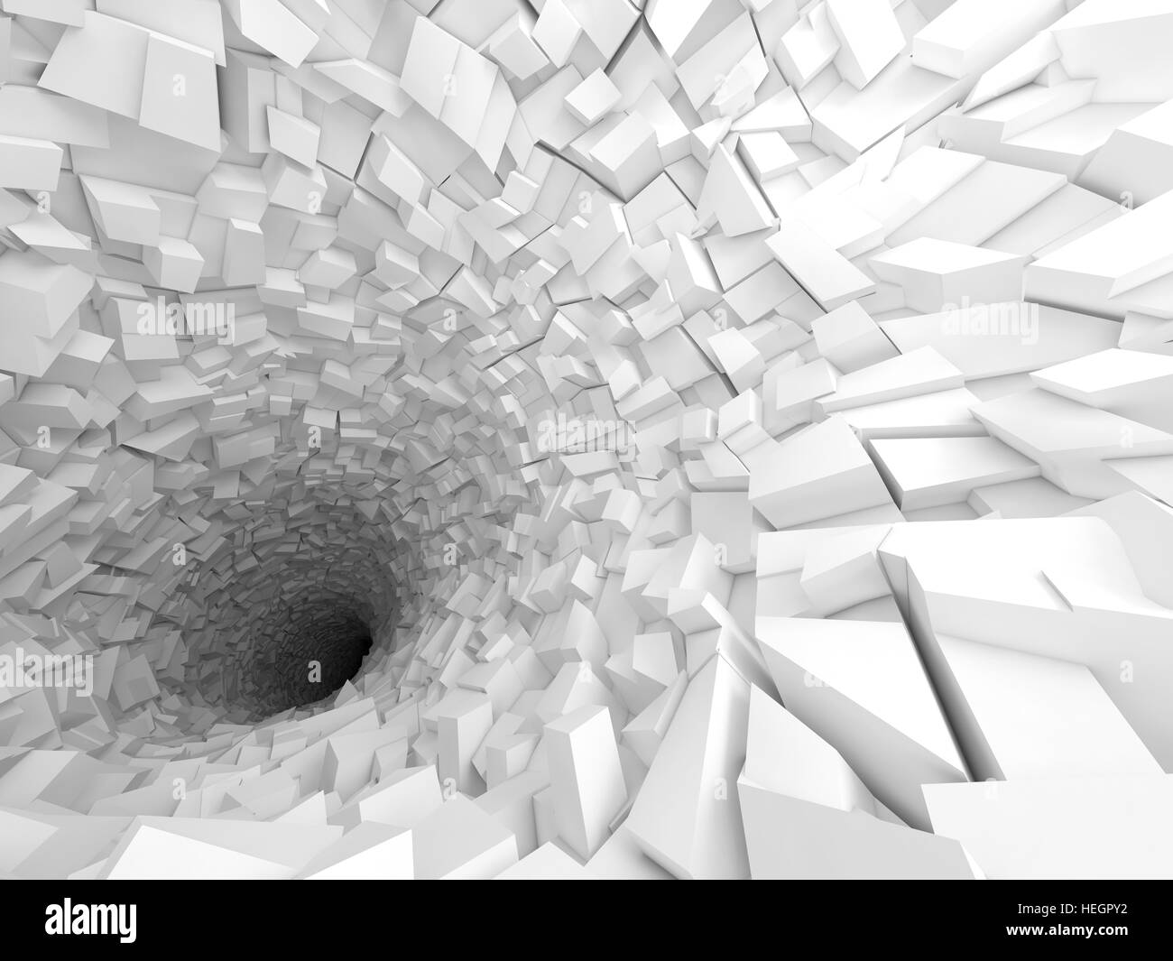 Abstract sfondo digitale, tunnel bianco interno con il buco nero e pareti fatte di tecnologico blocchi caotica. 3d illustrazione Foto Stock