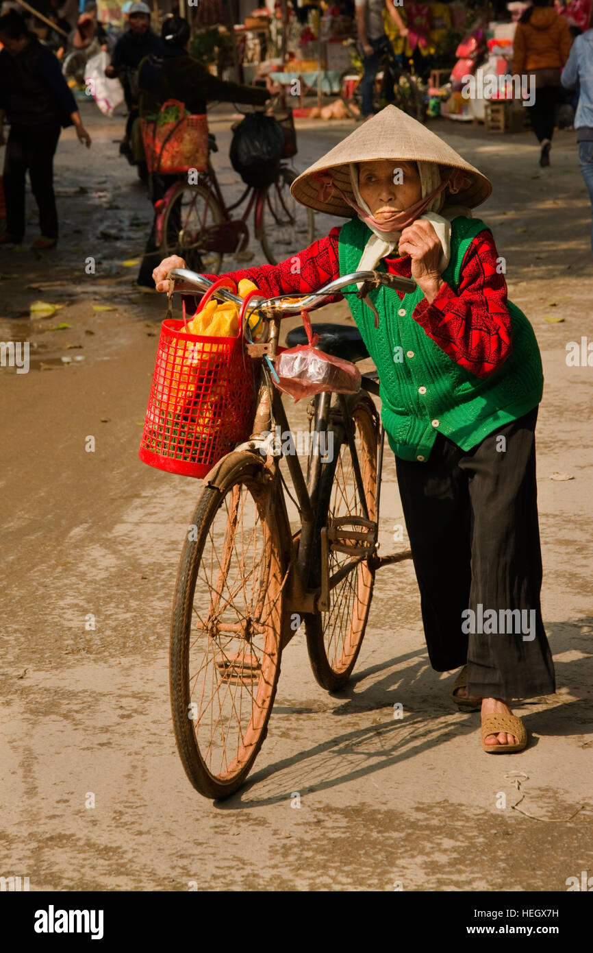 ASIA, Vietnam, Superiore Red River, Ha Tay provincia, Duong Lam, donna con la bicicletta al mercato Foto Stock