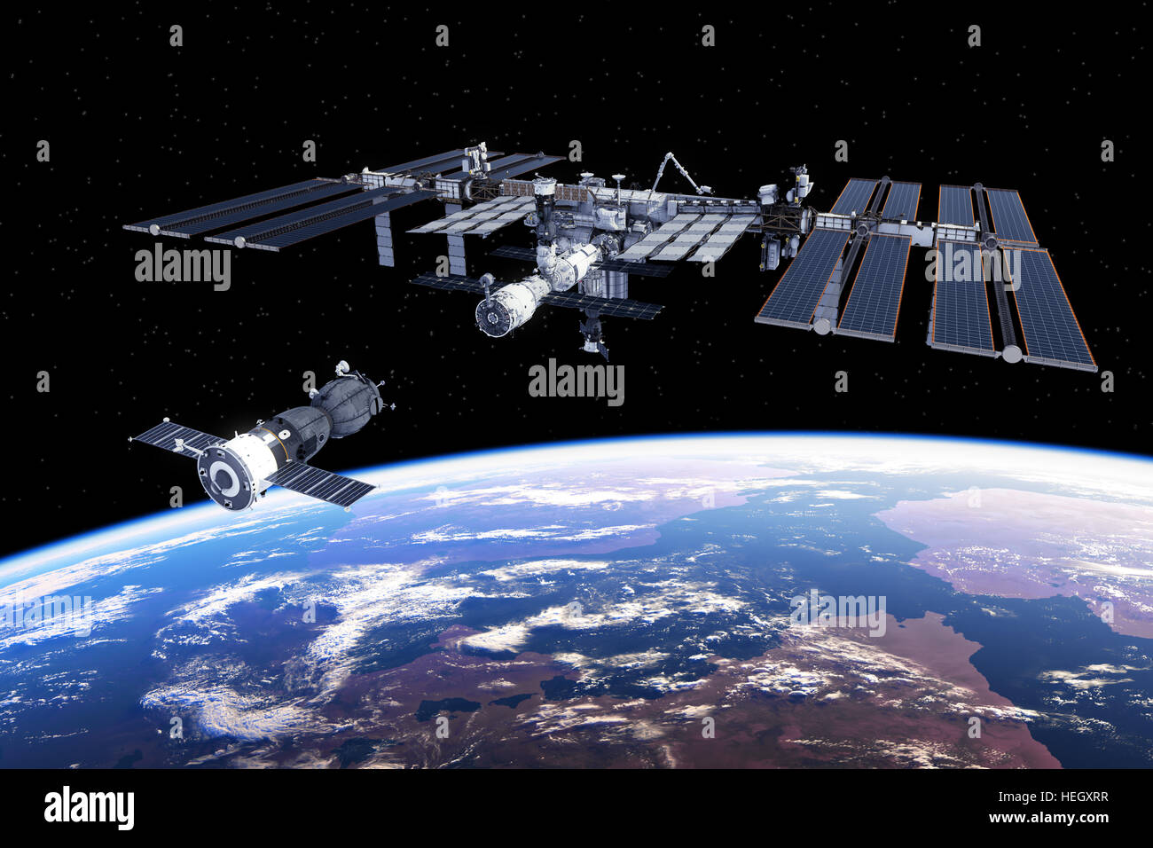 Veicolo spaziale agganciato alla stazione spaziale internazionale. 3D'illustrazione. Foto Stock
