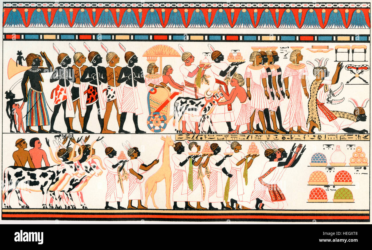 Capi di Nubian portando presenta al re di Egitto, copia di un antico muro egiziano dipinto da una tomba a Tebe, c.1380 BC. Da Meyers lessico, pubblicato 1924. Foto Stock