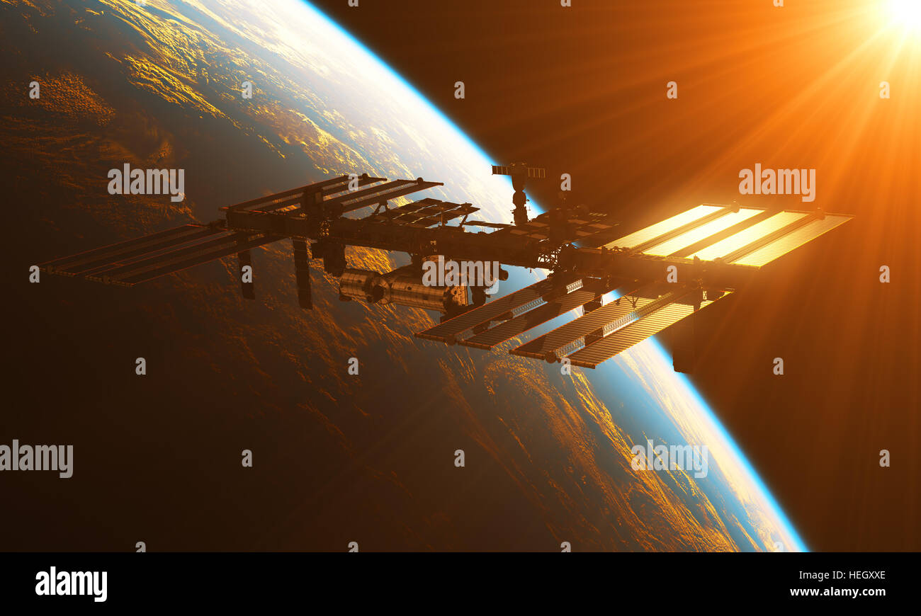 Stazione spaziale internazionale ai raggi del sole. 3D'illustrazione. Foto Stock