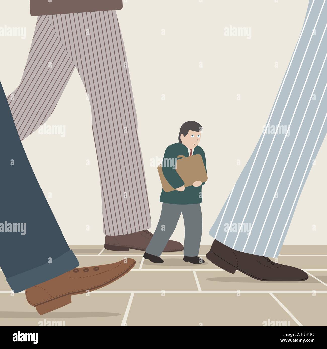 Illustrazione vettoriale di un piccolo imprenditore a piedi tra le gambe intimidatorio di imprenditori di grandi dimensioni Illustrazione Vettoriale