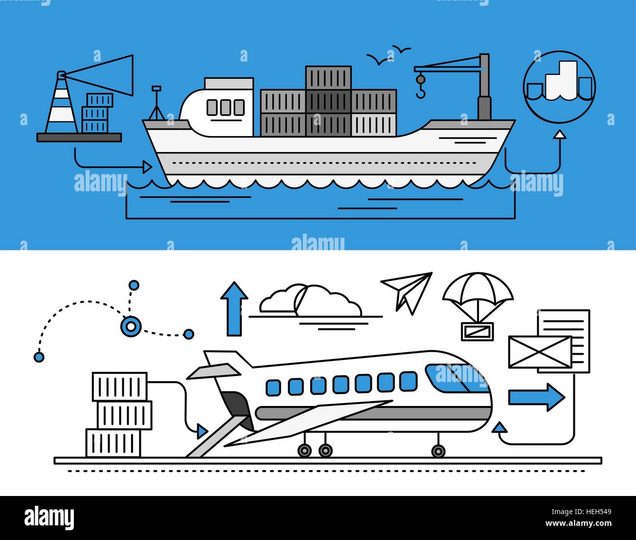 Concetto di inoltro delle merci via mare e via aria. Trasporto consegna, spedizione import industria, distribuzione e logistica e Illustrazione Vettoriale