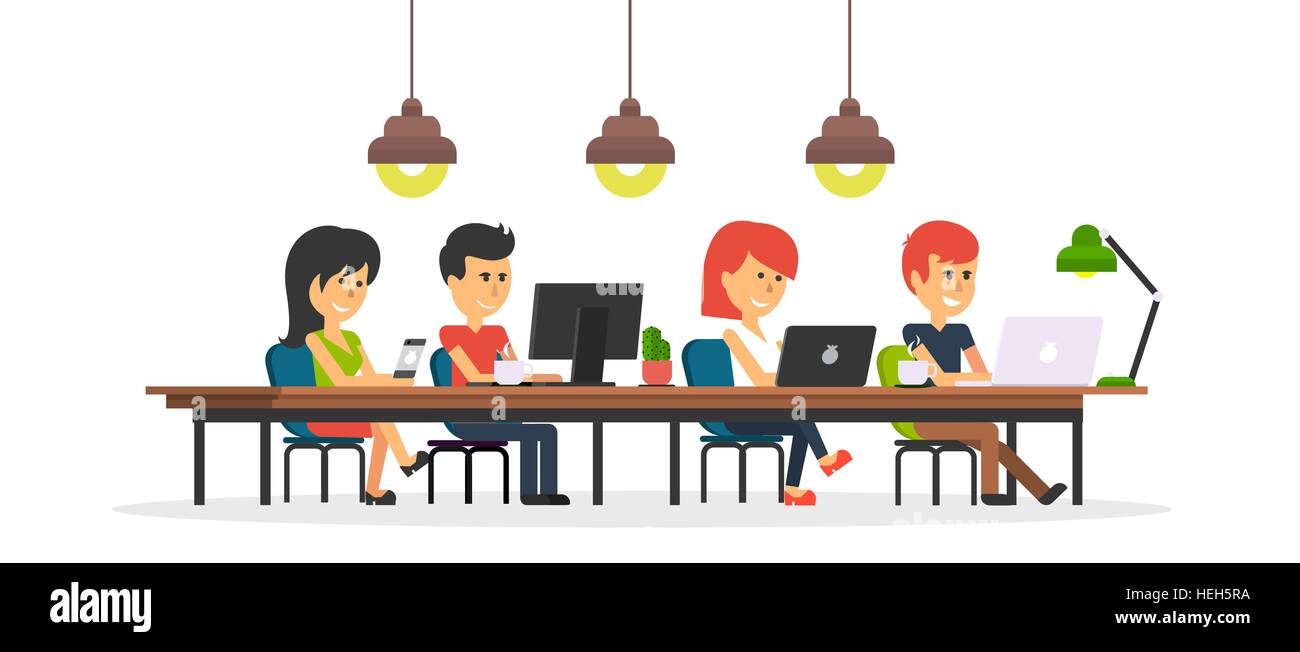 Le persone lavorano in office design piatto. Business donna e uomo, computer lavoratore, scrivania da ufficio tavolo e sul luogo di lavoro. Ragazzo ragazza seduta Illustrazione Vettoriale