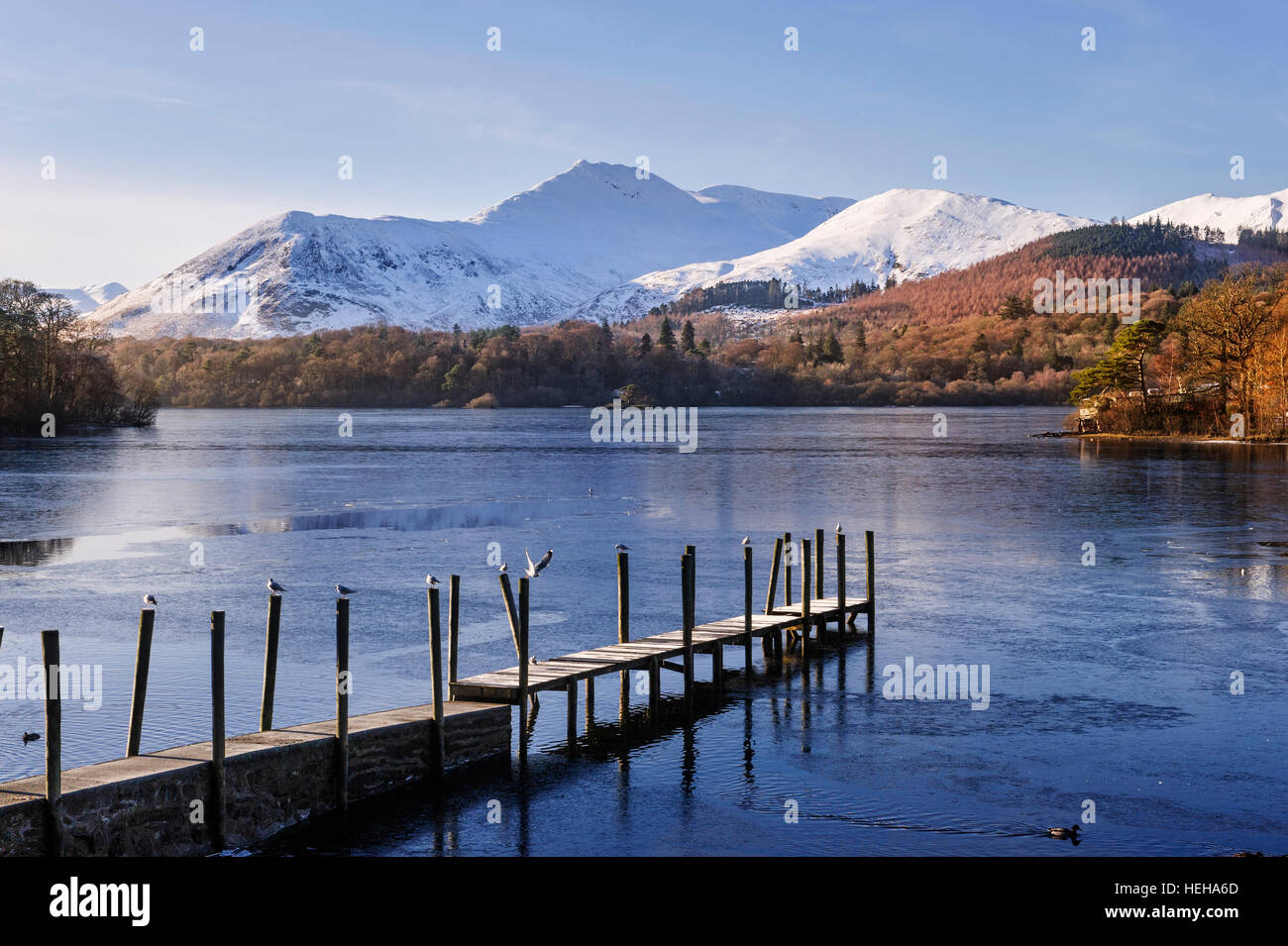 Derwent Water a Keswick con neve e rabboccato Causey Pike in background Foto Stock