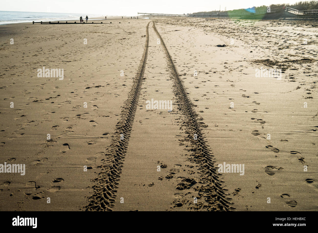Auto tracce nella sabbia sulla spiaggia. Foto Stock