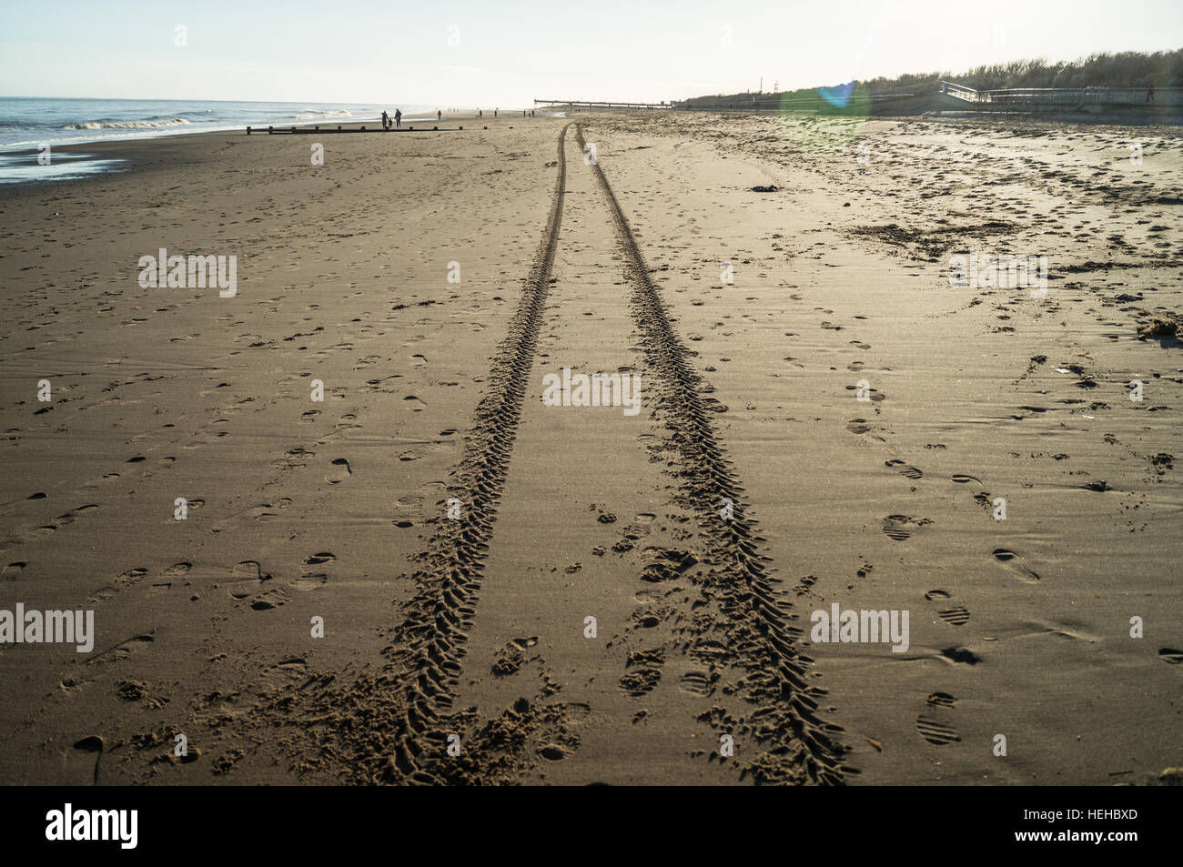 Auto tracce nella sabbia sulla spiaggia. Foto Stock
