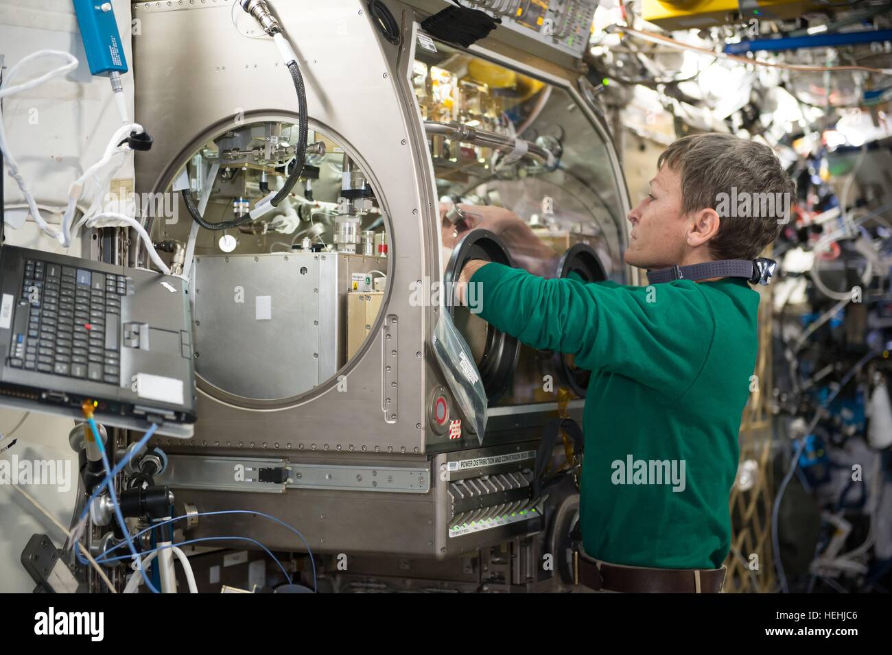 La NASA Expedition 50 primo equipaggio astronauta Peggy Whitson imposta il letto impaccato esperimento reattore all'interno della Stazione Spaziale Internazionale Microgravity Science Glovebox 1 dicembre 2016 in orbita intorno alla terra. Foto Stock