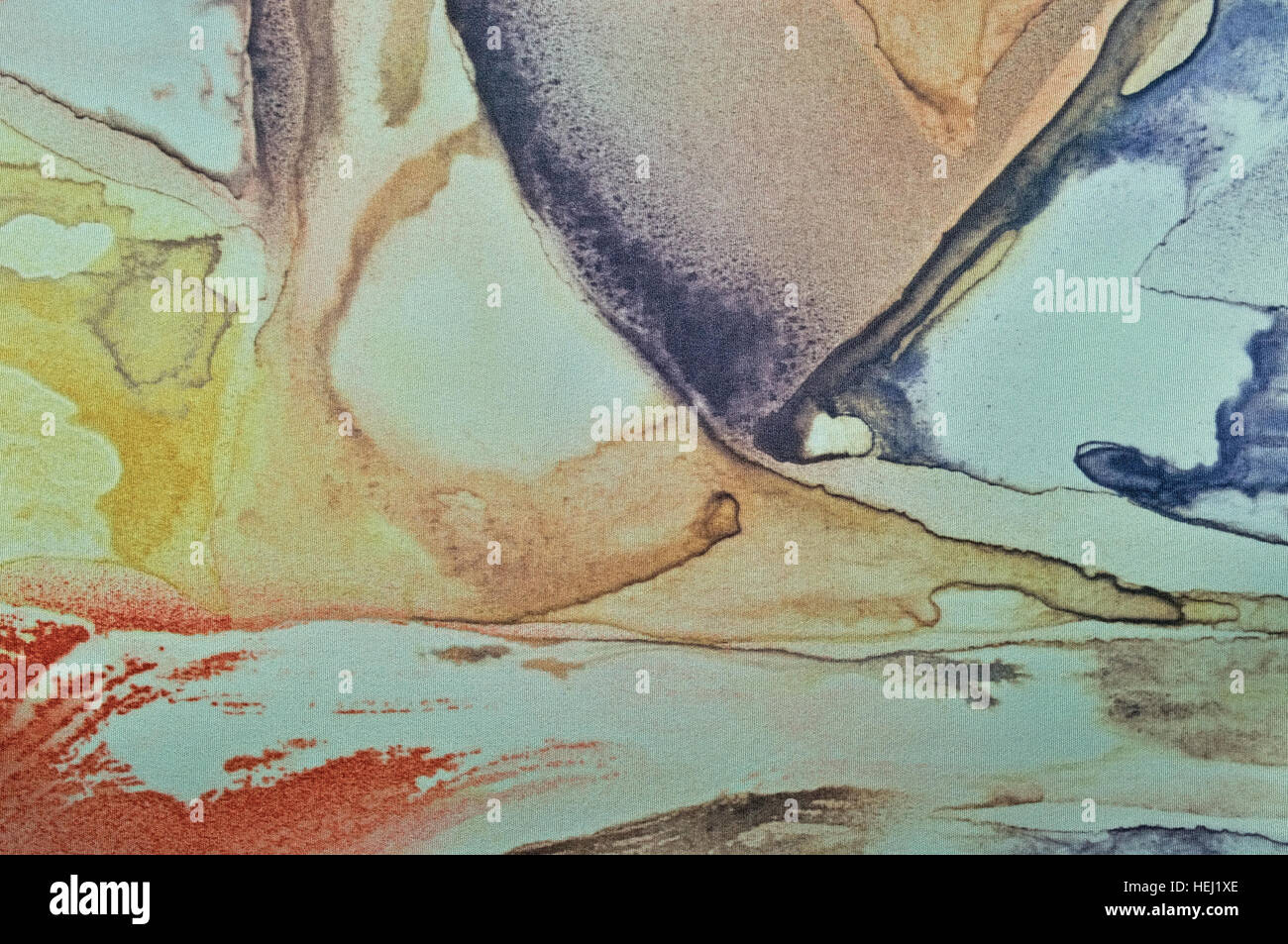 Abstract vernice ad acquerello, VERNICIATO TESTURIZZATO orizzontale di tessuto di seta tela macro sfondo closeup, stampato turchese pastello, blu, beige, verde, rosa Foto Stock