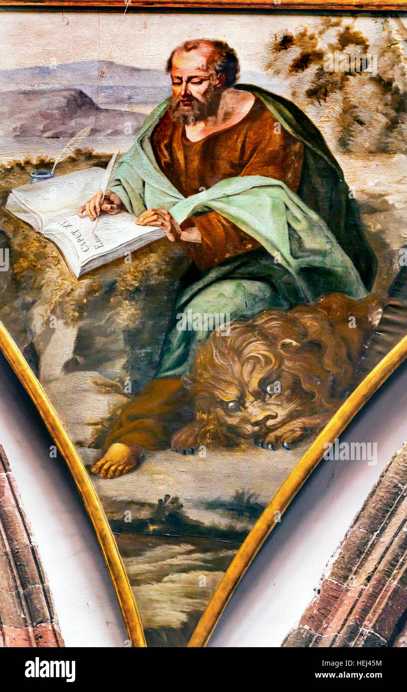 San Marco leone alato Vangelo scrittore Evangelista pittura Convento Dome Immacolata Concezione le Monache di San Miguel De Allende, Messico. Foto Stock