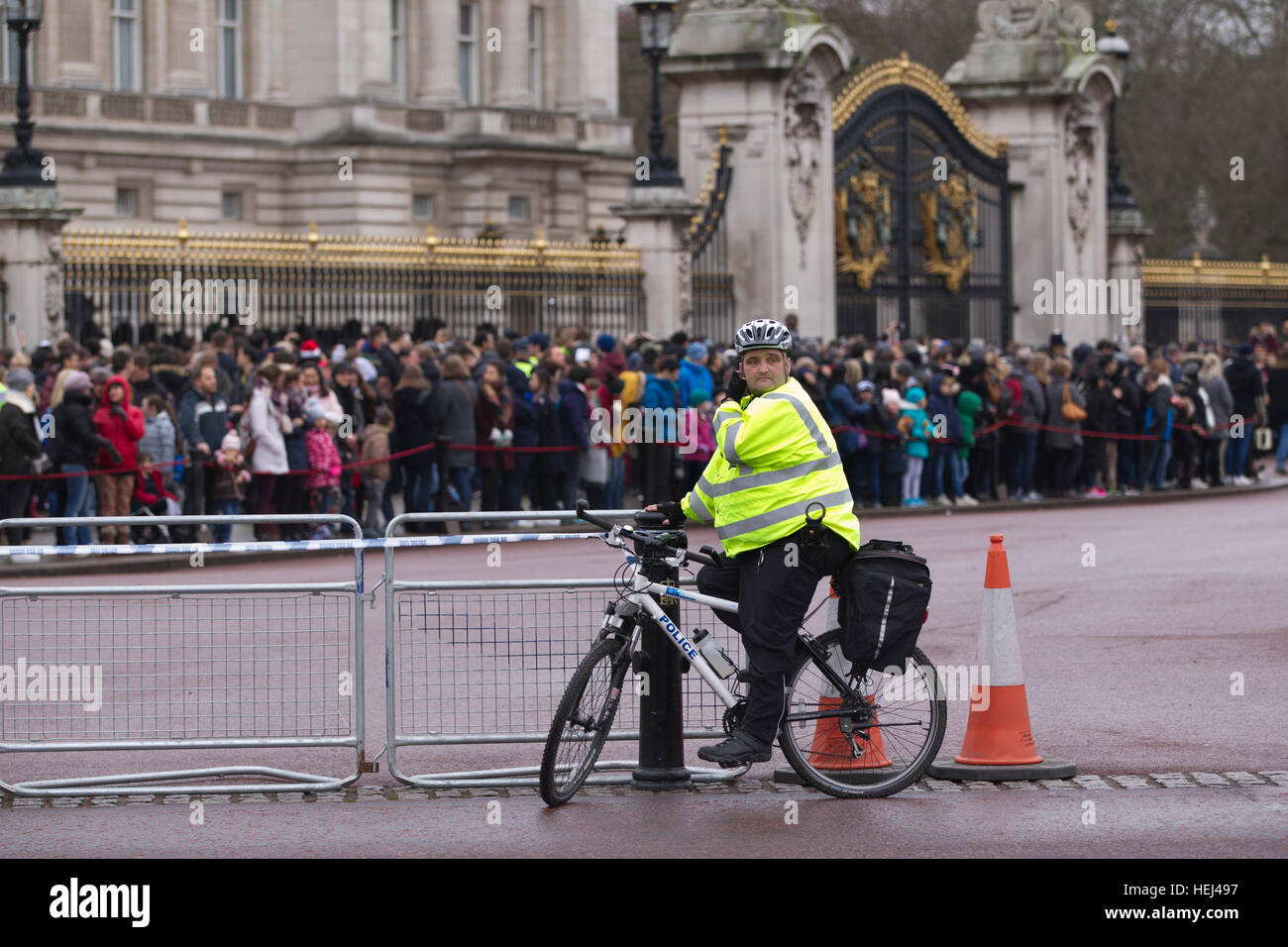 Polizia armata fornire protezione durante il cambio della guardia al di fuori Buckingham Palace, London, England, Regno Unito Foto Stock