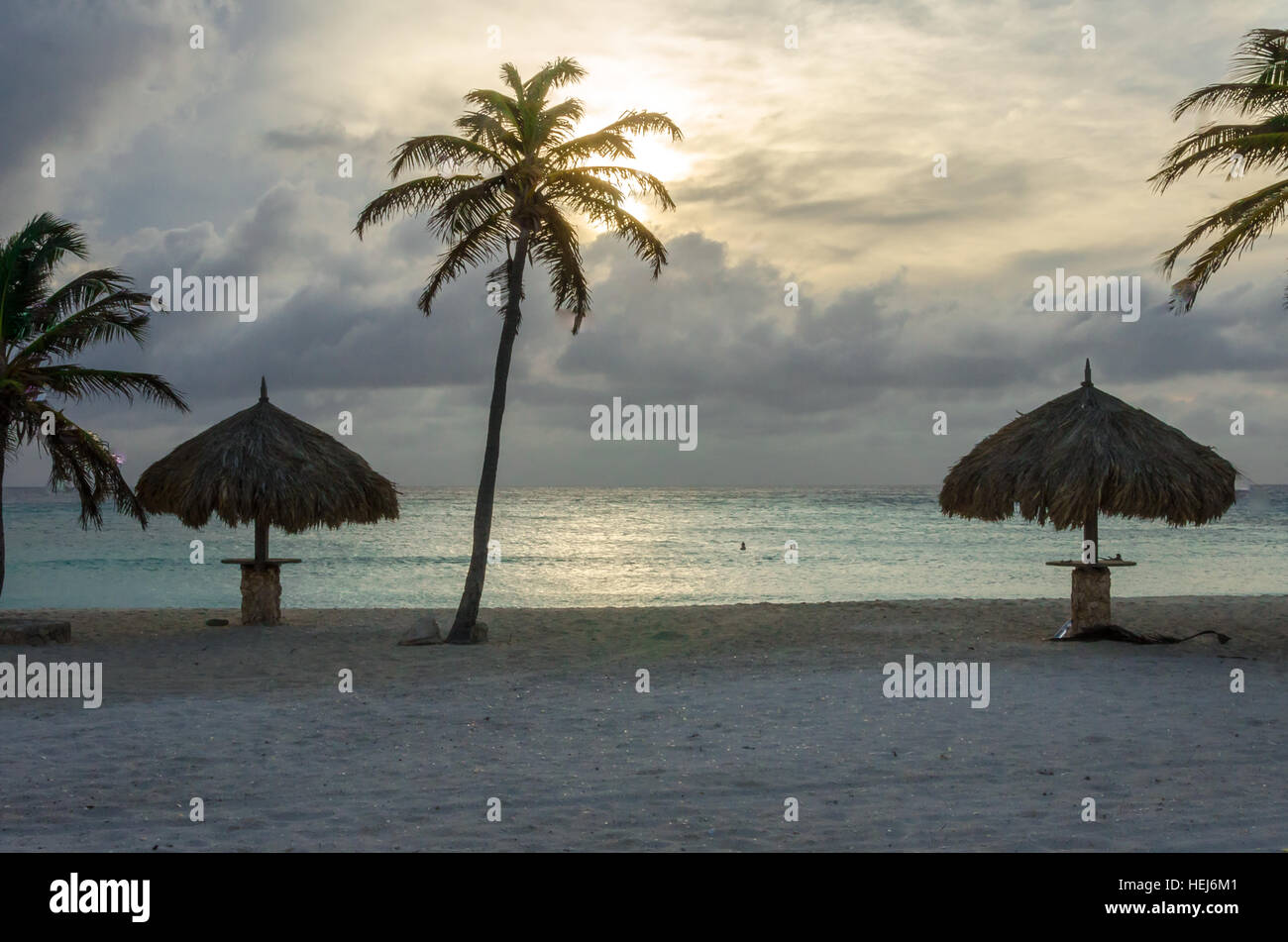 Area di sosta con palme sulla spiaggia di Isola di Aruba Foto Stock