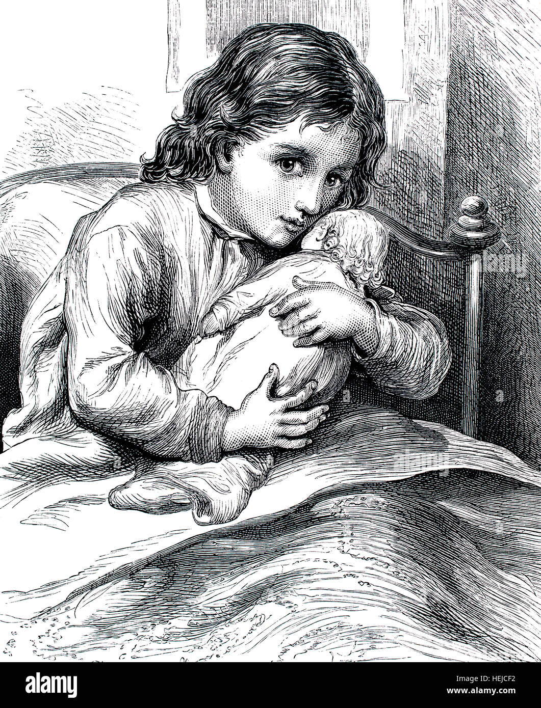 Giovane ragazza a letto malato cuddling doll per comfort, illustrazione da 1884 Chatterbox settimanale per bambini: carta Foto Stock