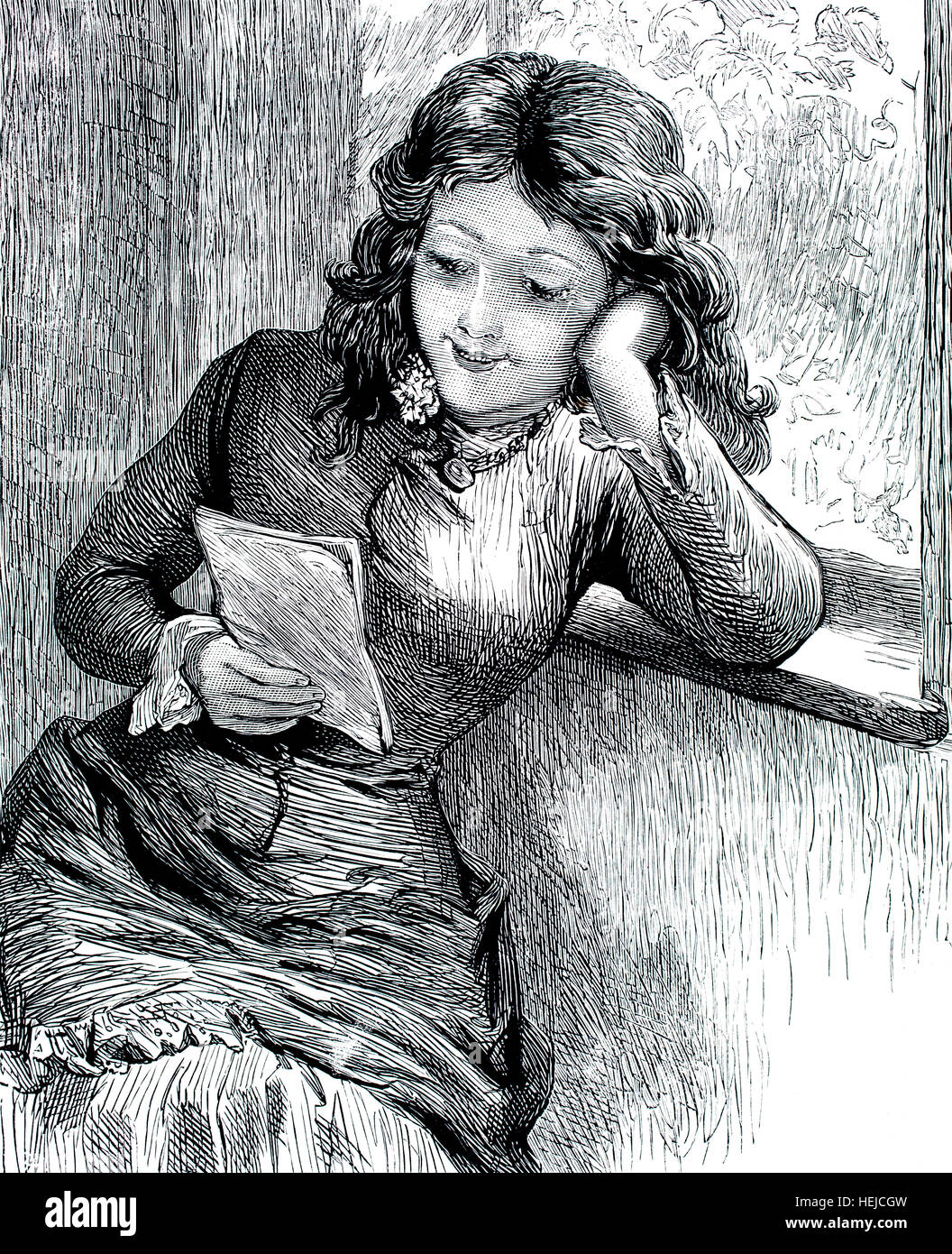 Giovane donna lettura la lettera con il sorriso sul volto, illustrazione da 1884 Chatterbox settimanale per bambini: carta Foto Stock