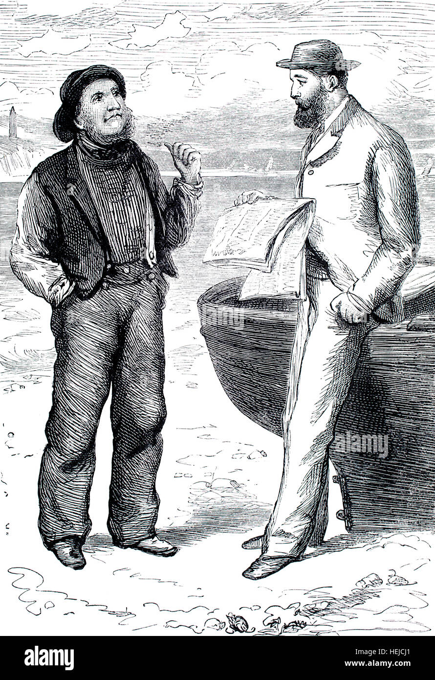 Victorian vacanziere parlando di vecchio pescatore sulla spiaggia, illustrazione da 1884 Chatterbox settimanale per bambini: carta Foto Stock