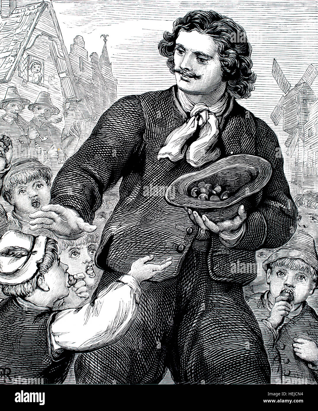 Pietro il Grande in Olanda, distribuendo le prugne dal cappello, illustrazione da 1884 Chatterbox settimanale per bambini: carta Foto Stock
