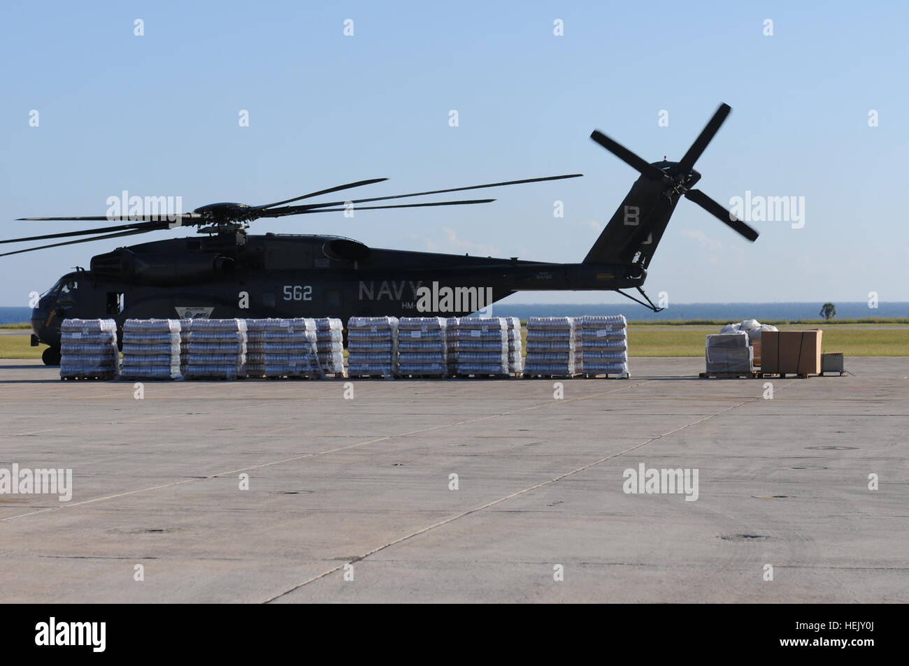 Acqua in bottiglia è pronto per essere caricato su un U.S. Navy MH-53E mare Dragon elicottero assegnato alla miniera di elicottero contromisure Squadron 14 in corrispondenza della stazione navale di Guantánamo Bay come parte del funzionamento risposta unificata Haiti soccorsi. Guantanamo Bay serve come un hub logistico per i materiali di consumo e il personale legato in e fuori di Haiti operazione di supporto risposta unitaria, una operazione comune fornendo aiuti umanitari in Haiti a seguito di un terremoto di magnitudine 7.0 Gen 12, 2010. (U.S. Esercito foto di Spc. Cody nero) Haiti soccorsi 241084 Foto Stock