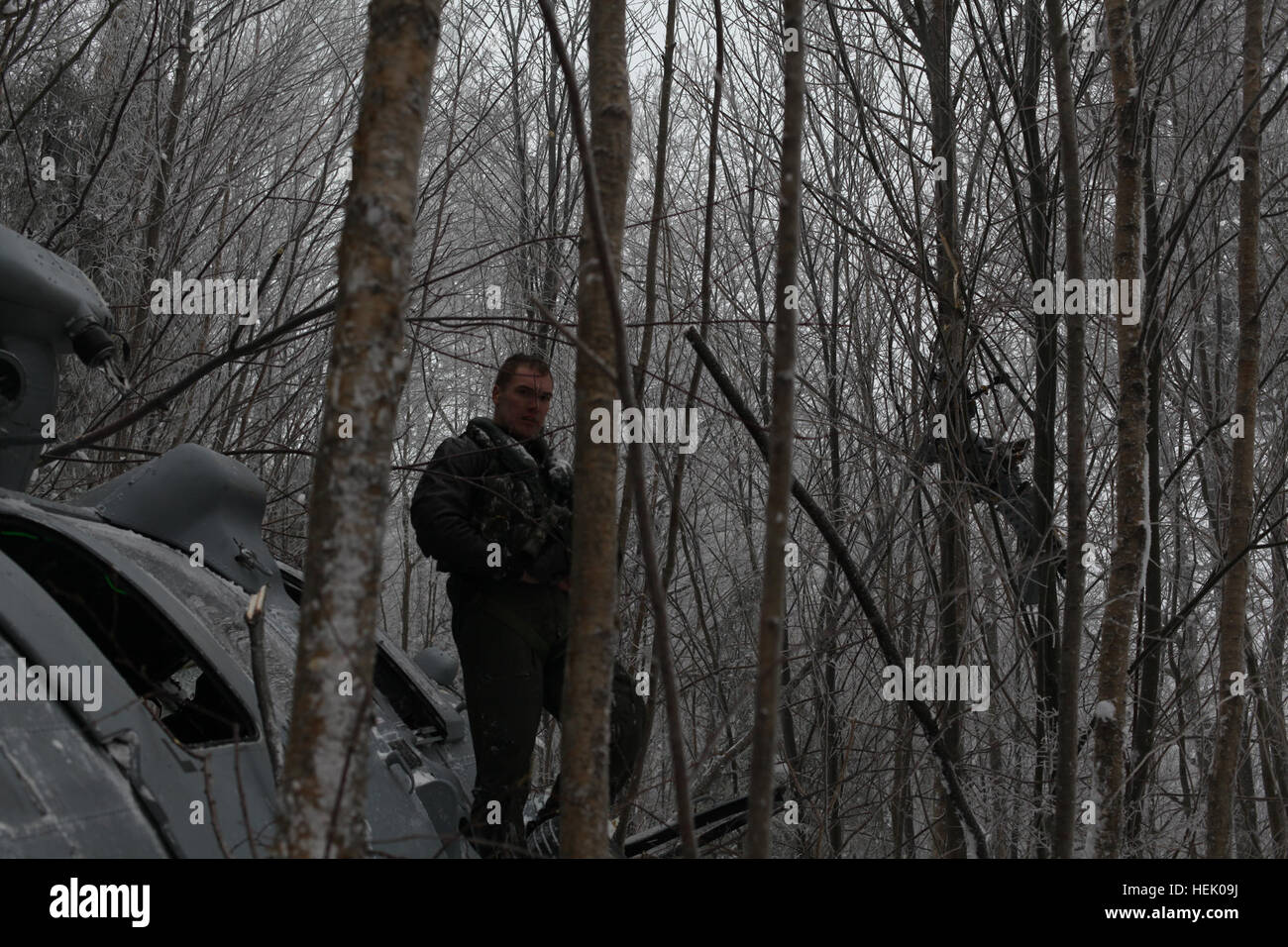 Un militare congiunta team individua i detriti in corrispondenza del sito dove un-MH-60S Knighthawk elicottero schiantato in Pocahontas County, W.Va., Feb 18, 2010. L'elicottero, che era in rotta per il Camp Dawson, W. Va., per corsi di formazione durante la fase di esercizio Southbound Trooper X, è andato giù con 17 il personale militare a bordo. (U.S. Foto dell'esercito da Staff Sgt. Tracy Hohman/RILASCIATO) un militare congiunta team individua i detriti in corrispondenza del sito dove un-MH-60S Knighthawk elicottero schiantato in Pocahontas County, W.Va., Feb 18, 2010 100218-A-GW288-080 Foto Stock