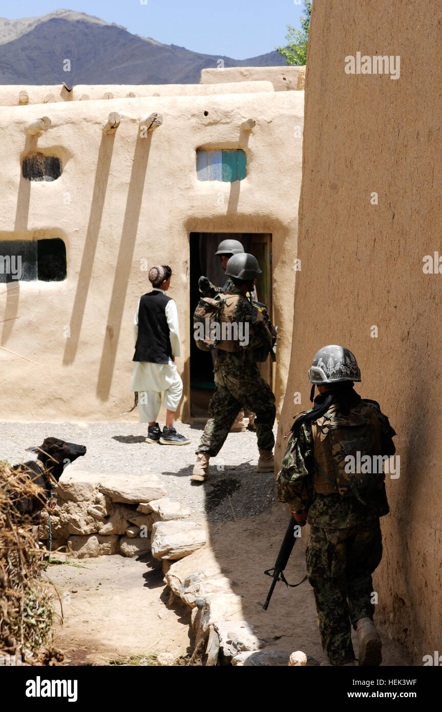 Durante una visita al villaggio di Kwajangur in Afghanistan del distretto Kherwar, con soldati dal 2° plotone, truppa C 1° Stormo, 91º reggimento di cavalleria, 173rd Airborne Brigade Combat Team, truppe dal 2 ° società, 1° Kandak, quarta brigata, esercito nazionale afghano, immettere un qulat, piccolo spazio di archiviazione, per continuare la ricerca di armi Il 6 giugno. Le truppe di ANA ha trovato una mitragliatrice, un AK-47 e munizioni dopo la ricezione dei rapporti degli insorti con armi all'interno del villaggio. ANA trova armi in missione in remoto villaggio 289786 Foto Stock