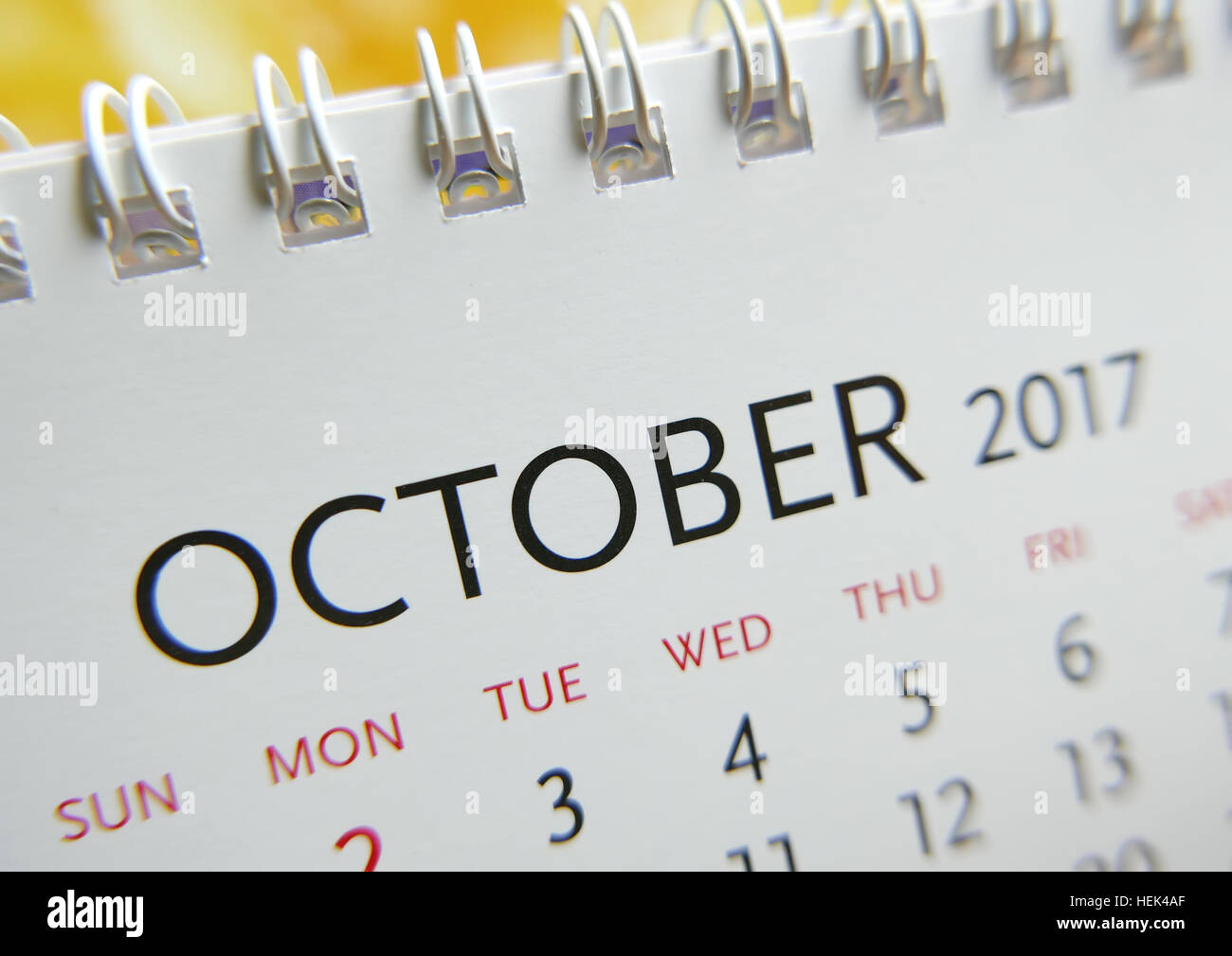 Chiudere fino al calendario di Ottobre 2017 Foto Stock