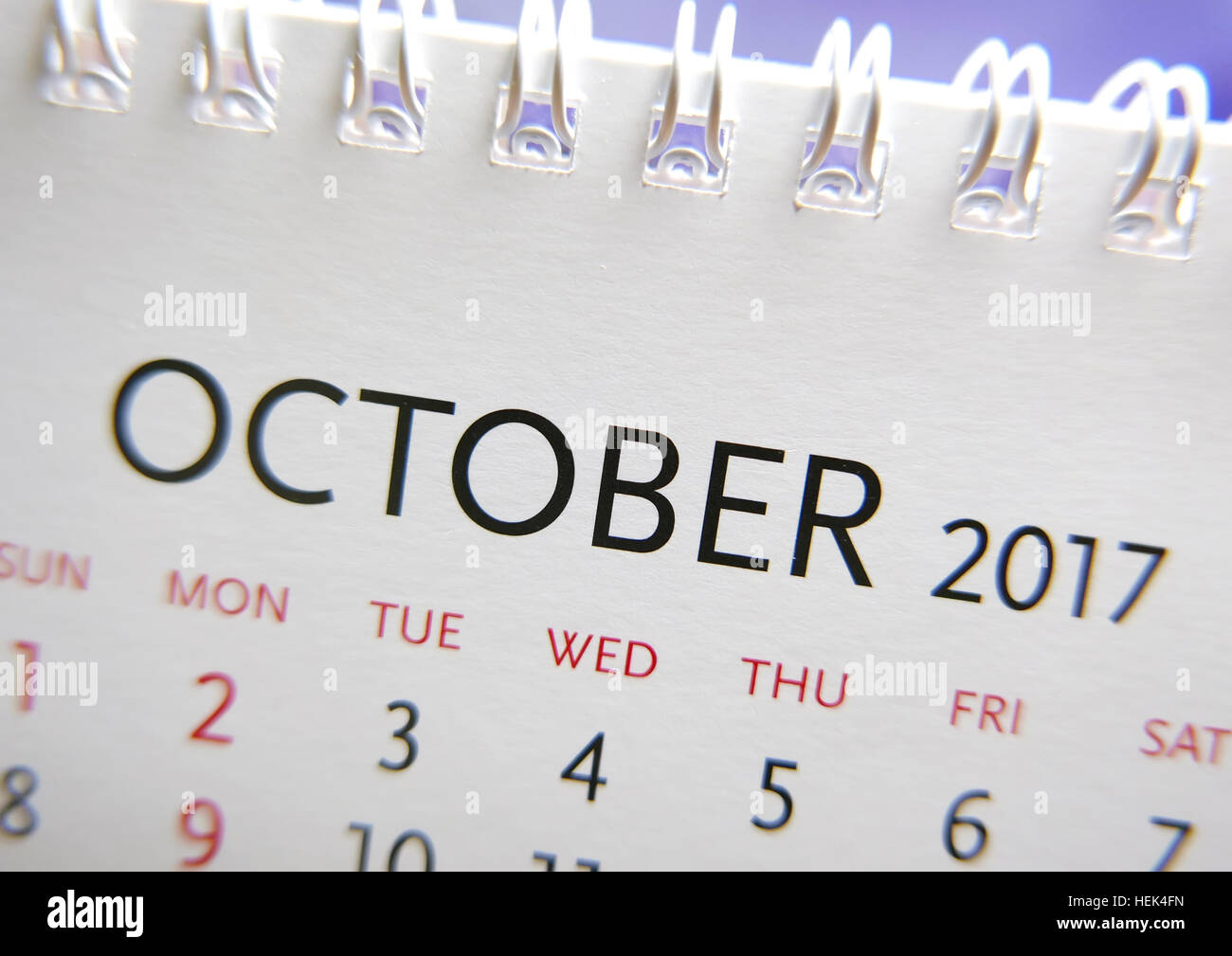 Chiudere fino al calendario di Ottobre 2017 Foto Stock