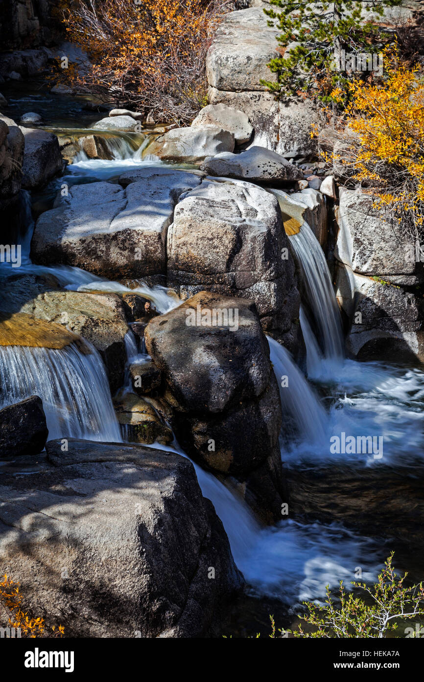 L'acqua scorre su un trio di cascate su Leavitt Creek in Mono County, California. Foto Stock
