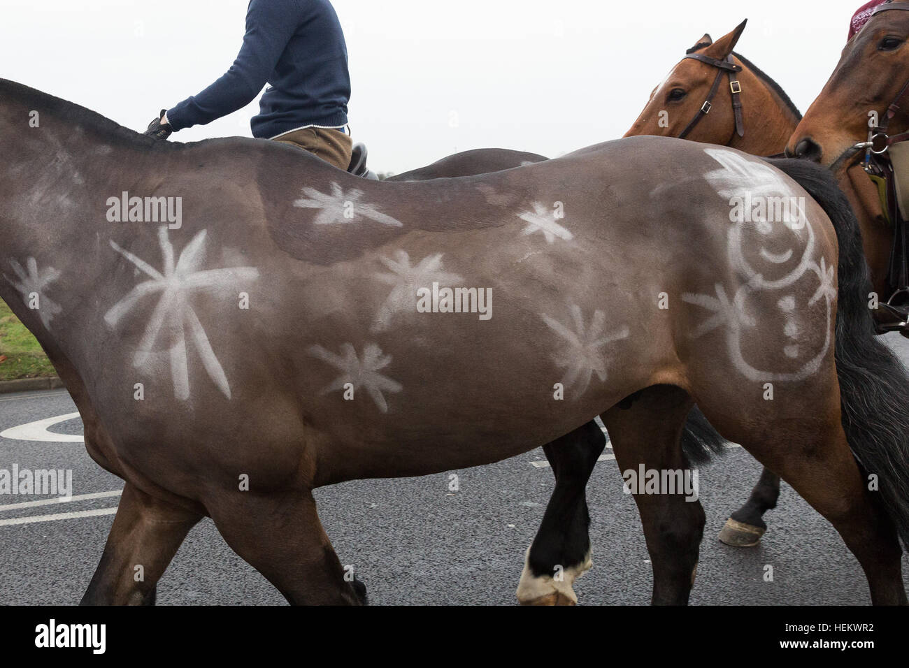 Londra, Regno Unito. 24 dic 2016. Soldati dal re della truppa cavallo Royal Artillery e ai loro cavalli di indossare abiti di Natale, tinsel e cappelli di Babbo Natale come essi cavalcare su il mattino della vigilia di Natale. I soldati hanno lasciato Woolwich Caserme e trotted attraverso il sud est le vie di Londra a Morden College di Blackheath, dove i soldati sono stati accolti con vin brulé e sminuzzato torte. La manifestazione annuale è diventata una nuova tradizione di Natale poiché la truppa KingÕs spostato a scopo caserma costruita a Woolwich nel febbraio 2012. Credito: Vickie Flores/Alamy Live News Foto Stock