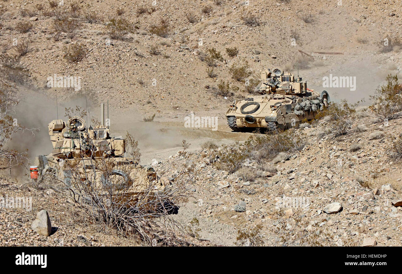 Stati Uniti I soldati dell esercito dal 3° Brigata corazzate contro la squadra, 1a Divisione di Fanteria guidare attraverso il deserto in un M2 Bradley di combattimento della fanteria veicolo durante un'azione decisiva la rotazione 13-03, Gennaio 19, 2013, presso il National Training Center a Fort Irwin, California Azione decisiva rotazioni sono orientati verso un nemico adattativa in un ambiente complesso. (U.S. Esercito foto di Sgt. Eric M. Garland II/ Rilasciato) azione decisiva la rotazione 13-03 130119-A-ML570-007 Foto Stock