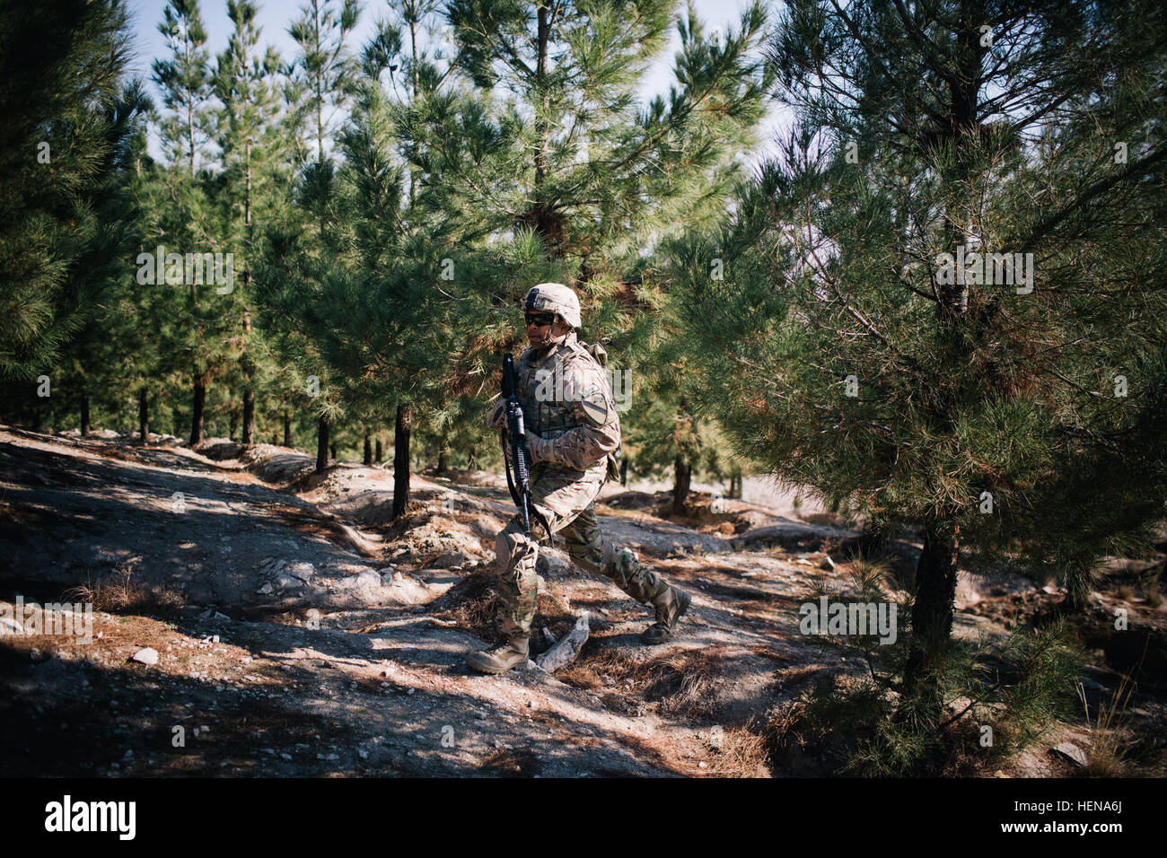 Un soldato assegnato alla Società Delta, 1° Stormo, 8° reggimento di cavalleria, 2° Brigata Team di combattimento, 1° Divisione di cavalleria, conduce una pattuglia di presenza attorno all'U.S. Consolato di Herat, Afghanistan, 5 gennaio 2014. (U.S. Foto dell'esercito da Cpl. Alex Flynn) Herat consolato 140105 sicurezza-A-XQ077-341 Foto Stock