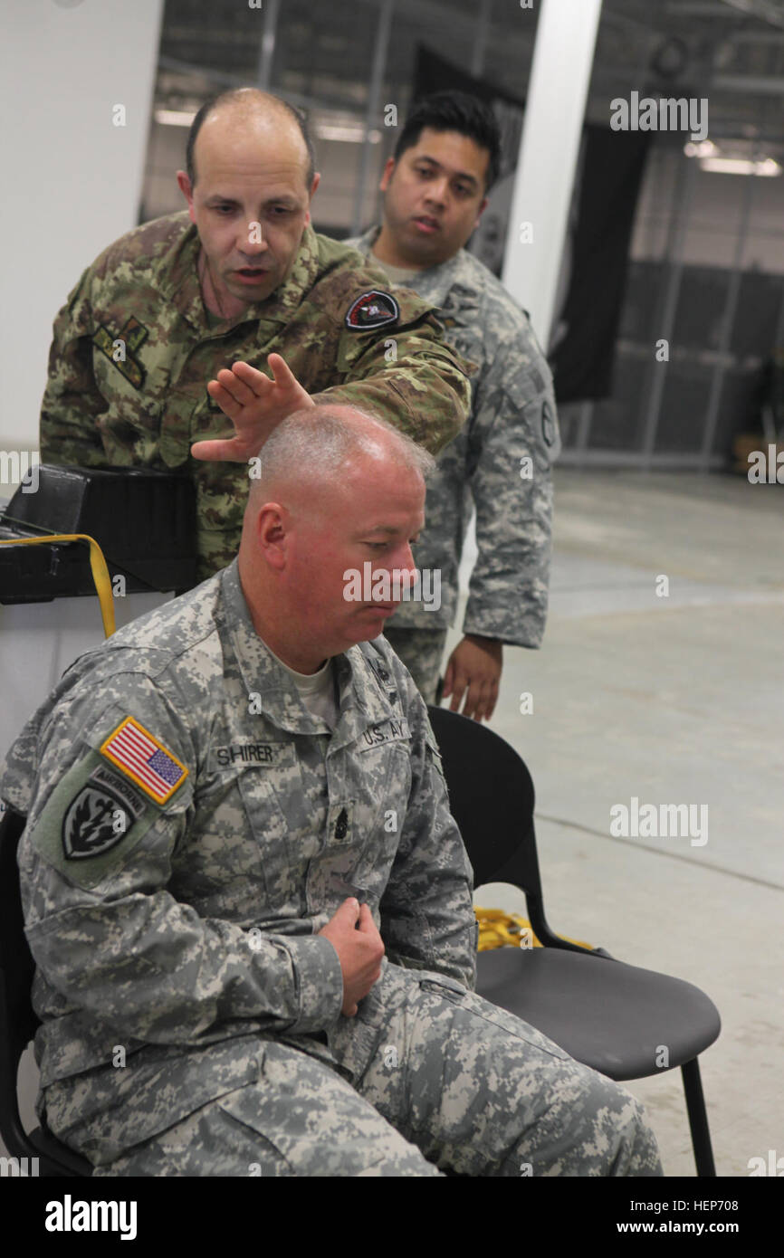 Multi-service e nazioni partner lavorano insieme per eseguire Jumpmaster prove per il funzionamento Skyfall a Dobbins Air Base di riserva, Ga., 16 marzo 2015. Funzionamento Skyfall è un giunto multilaterali per combattere la telecamera oggetto di scambio di esperti, ospitato dall'982nd combattere la società della telecamera, che avviene in corrispondenza di diverse posizioni in Georgia. Funzionamento Skyfall è un evento che si concentra sull'interoperabilità di combattere la formazione della telecamera e la cattura di airborne operazioni con tre nazioni partner e multi-unità di assistenza. (U.S. Esercito foto di PFC. Jessica Hurst/ Rilasciato) Funzionamento Skyfall 2015 150316-A-A882 Foto Stock