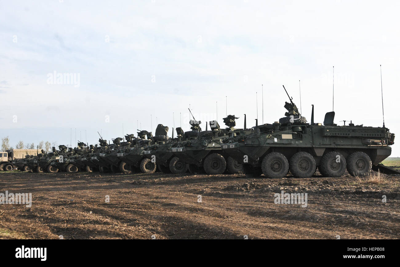 Troopers assegnati al 2° Stormo, 2° reggimento di cavalleria, preparare i loro Stryker lottare contro i veicoli in partenza per la gamma mentre partecipano in un montati bracci combinato di prove con i soldati appartenenti al rumeno Forze terrestri, durante l'esercizio vento primavera 2015 in Smardan Area Formazione, Romania, apr. 18, 2015. Questa prova consentirà a entrambe le unità per imparare reciprocamente le funzionalità del veicolo durante la condivisione di diverse tattiche e strategie per il successo sul campo di battaglia a sostegno dell'operazione Atlantic Resolve-South. (U.S. Esercito foto di Sgt. William A. Tanner/RILASCIATO) Il vento molla, giorno due, Mou Foto Stock
