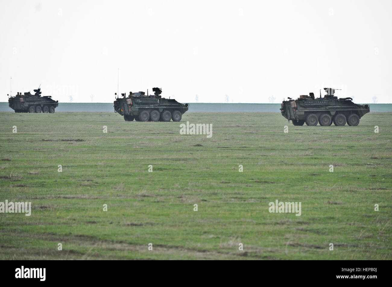 Troopers assegnati al 2° Stormo, 2° reggimento di cavalleria, condurre una tattica di formazione con la loro Stryker lottare contro i veicoli durante la partecipazione in un montati bracci combinato di prove con i soldati appartenenti al rumeno Forze terrestri, durante l'esercizio vento primavera 2015 in Smardan Area Formazione, Romania, apr. 18, 2015. Questa prova consentirà a entrambe le unità per imparare reciprocamente le funzionalità del veicolo durante la condivisione di diverse tattiche e strategie per il successo sul campo di battaglia a sostegno dell'operazione Atlantic Resolve-South. (U.S. Esercito foto di Sgt. William A. Tanner/RILASCIATO) Il vento molla, giorno due, M Foto Stock