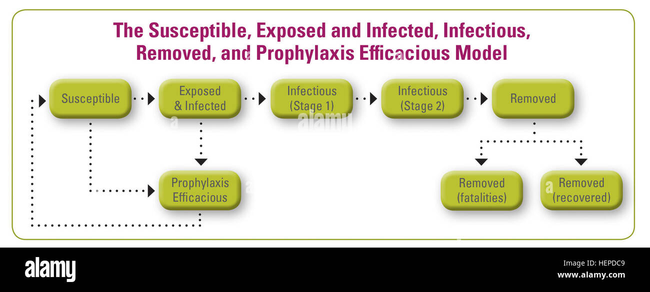 Il suscettibile, esposto e infette, rimossi e la profilassi efficaci (SEIRP) modello è utilizzata per stimare la malattia contagiosa morti e feriti mentre la contabilizzazione per ridurre al minimo i periodi di incubazione, profilassi efficacia e stadio-basato l'infettività. Il suscettibile, esposto e infette, infettive, rimossi e la profilassi efficace modello 150520-A-AB123-001 Foto Stock