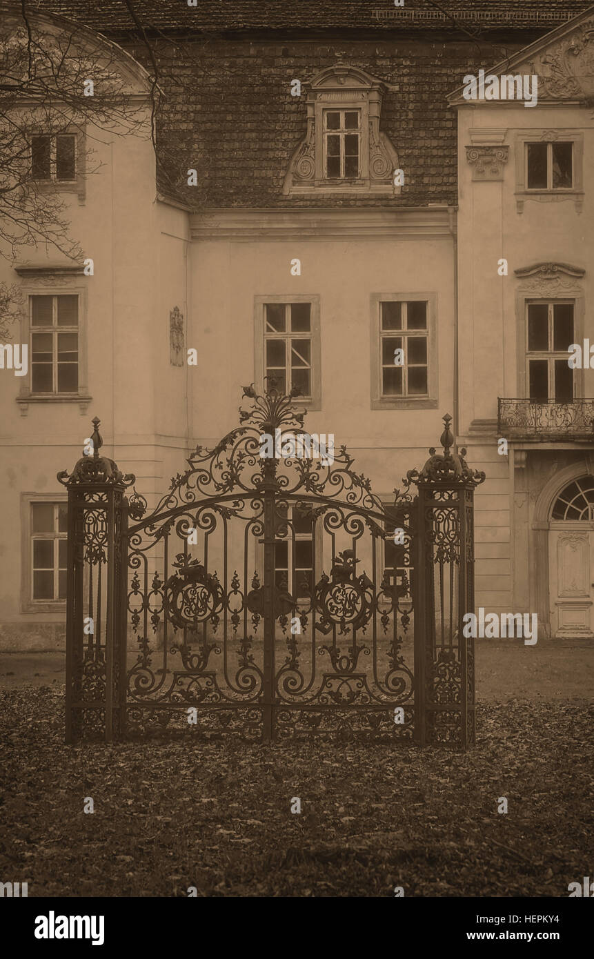 Unico cancellata in ferro battuto di fronte a un vecchio barocco Manor House di Mecklenburg-Pomerania, Germania. Foto Stock