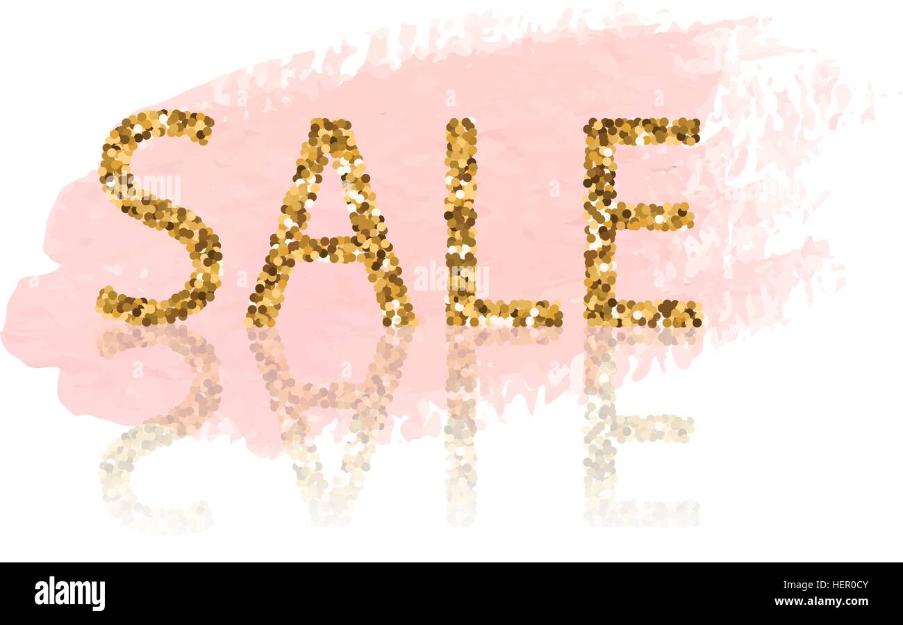 Golden vendita scritte. Rosa pastello acquerello sfondo. Per volantini, poster, segno dello shopping, sconto, commercializzazione, vendita, banner web sociale media Illustrazione Vettoriale