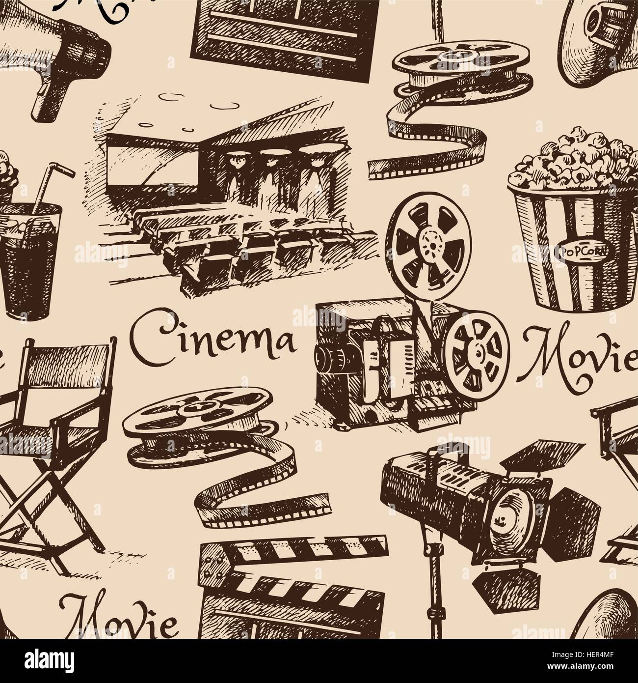 Film cinema seamless pattern. Disegnato a mano illustrazione vintage Illustrazione Vettoriale