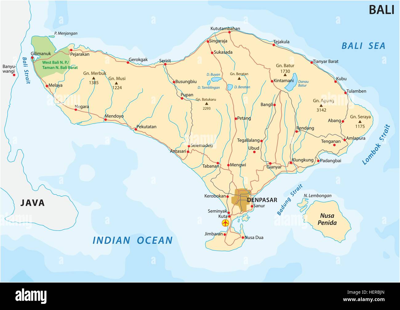 Road map del Iseland indonesiana di Bali Illustrazione Vettoriale