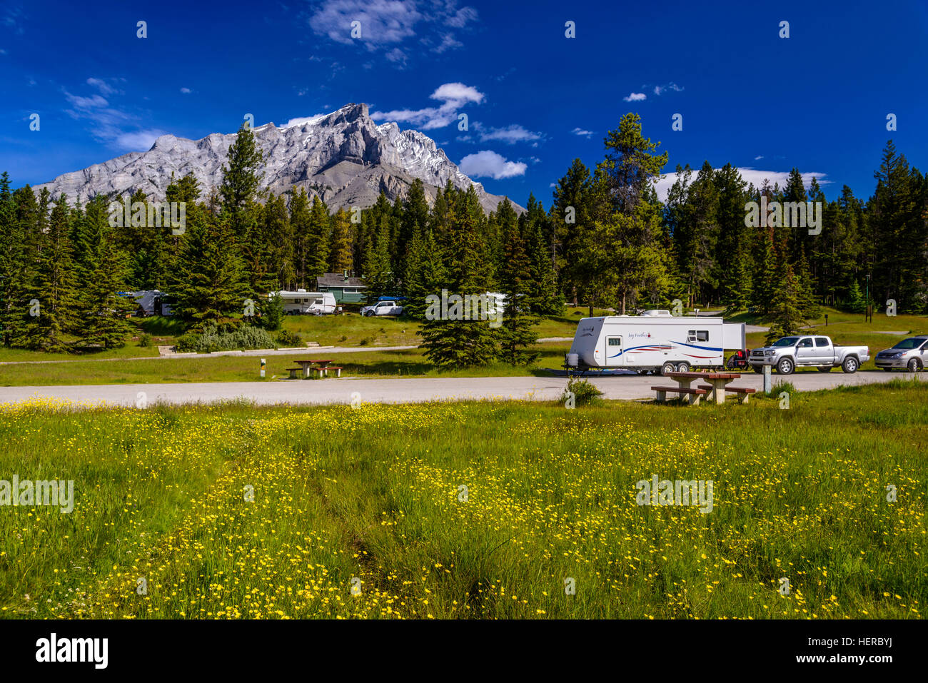 Kanada, Alberta, il Parco Nazionale di Banff, Banff, Tunnel Mountain Campeggio mit Cascade Mountain Foto Stock