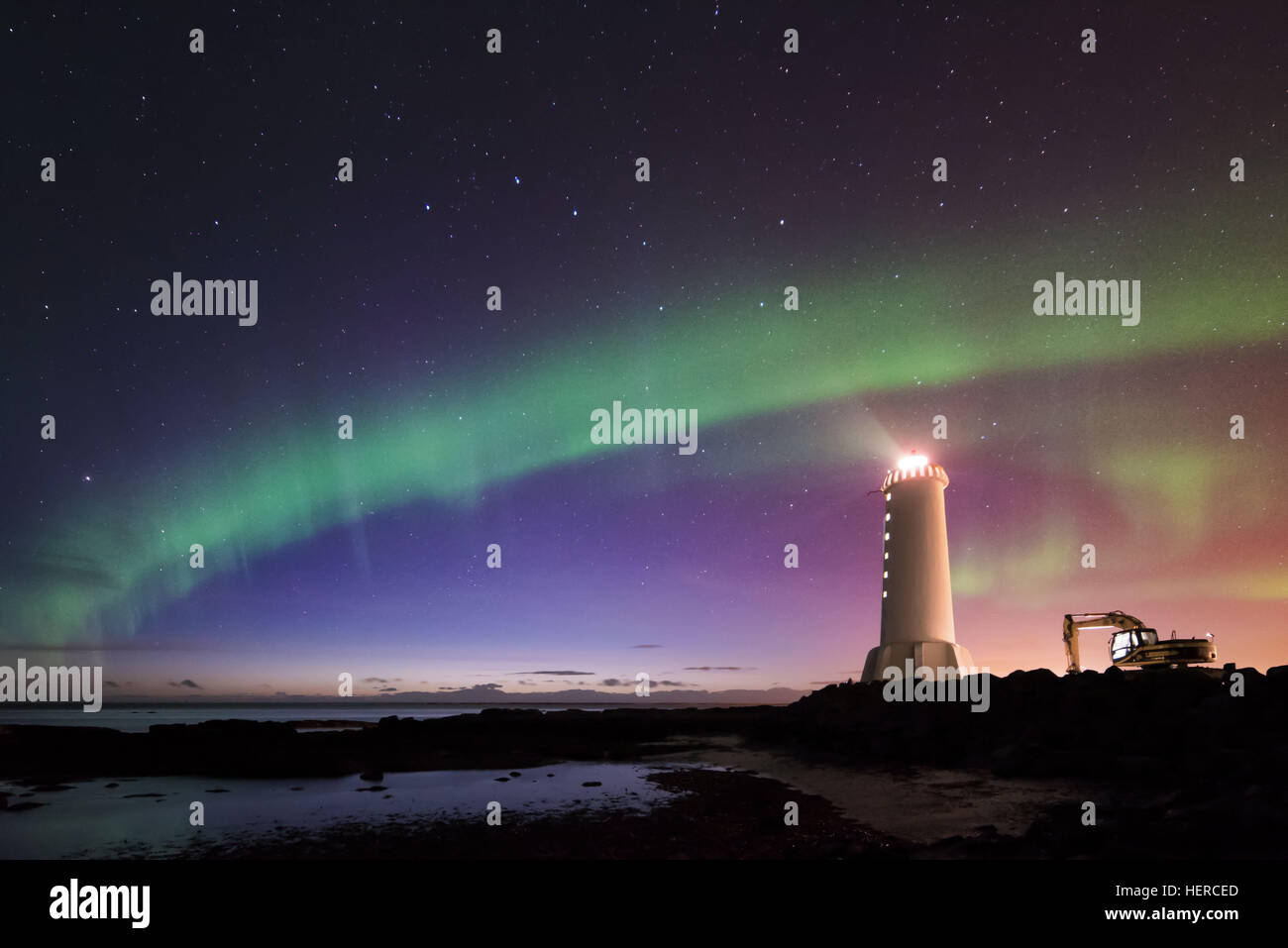 Polarlicht, Akranes, Leuchtturm, Isola, Stimmung, Leuchten, Meer, Sterne Foto Stock