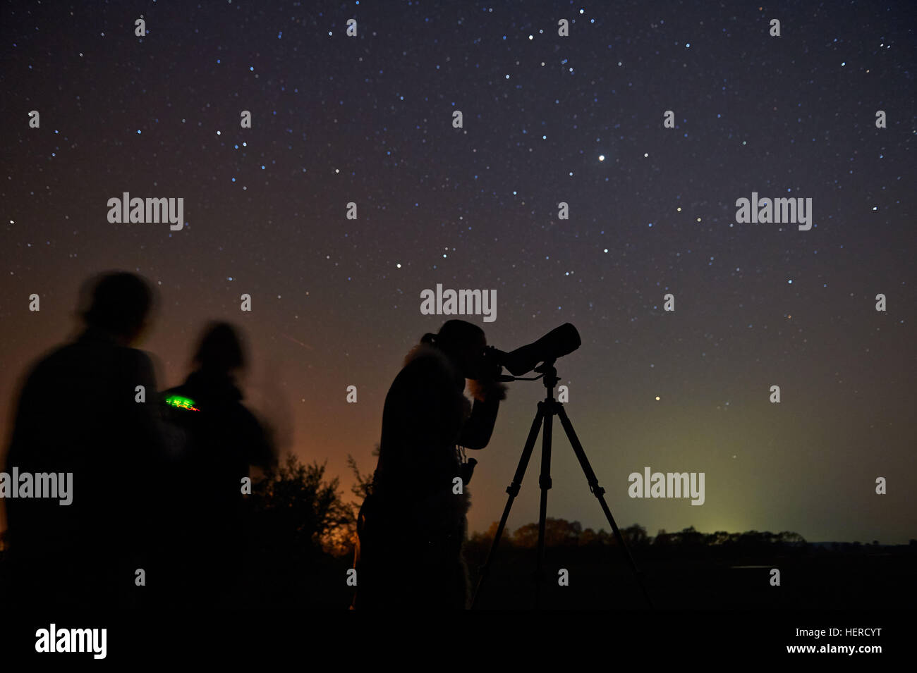Brandeburgo, GÃ¼lpe, Personen beobachten Sternenhimmel, AM 12. Februar wurde dem Westhavelland Naturpark der Titel Sternenpark, Kategorie Silber, zuge Foto Stock